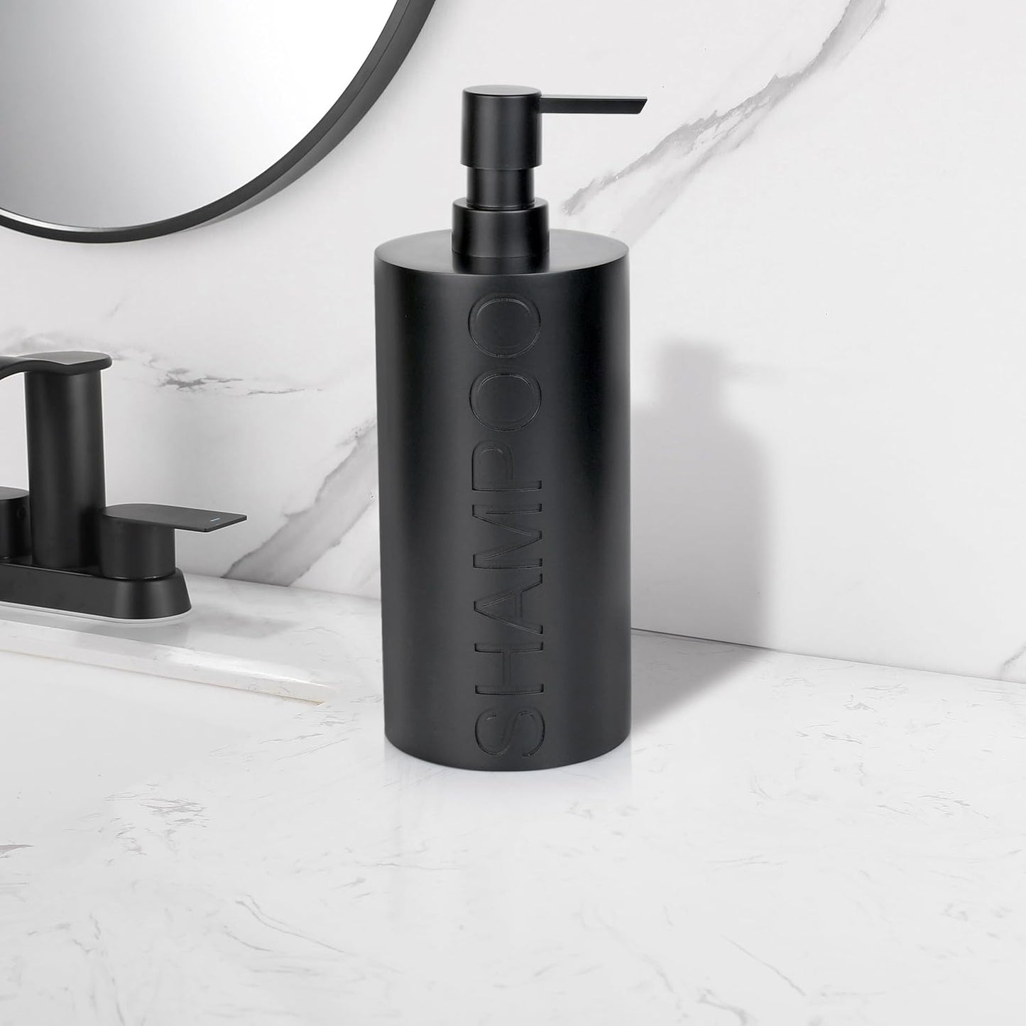 Matte Black Shampoo Dispenser Modern Refillable Pump Bottle with Embossed Text, Durable Resin