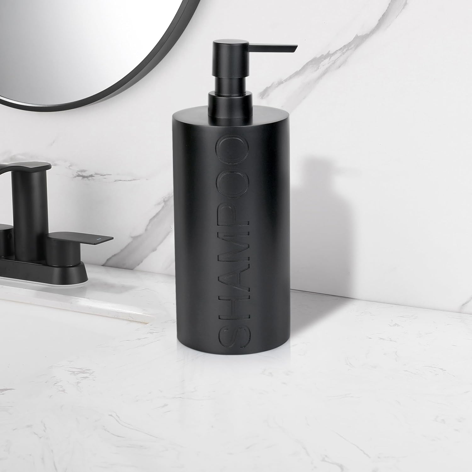 Matte Black Shampoo Dispenser Modern Refillable Pump Bottle with Embossed Text, Durable Resin