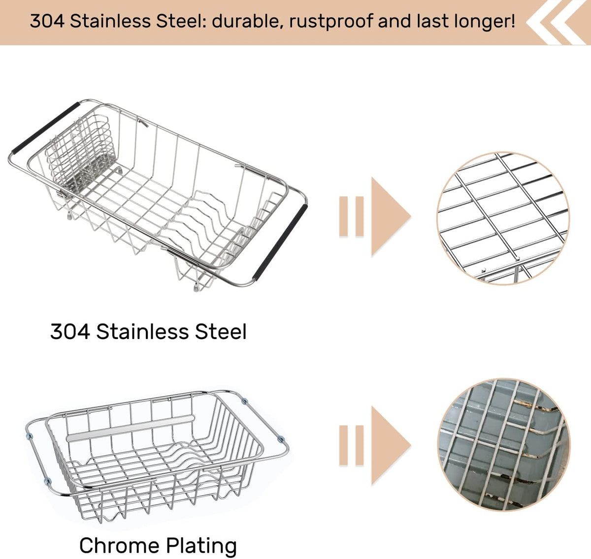 Sink Dish Drainer Rack, Expandable 304 Stainless Steel Dish Drying Rack Organizer with Stainless