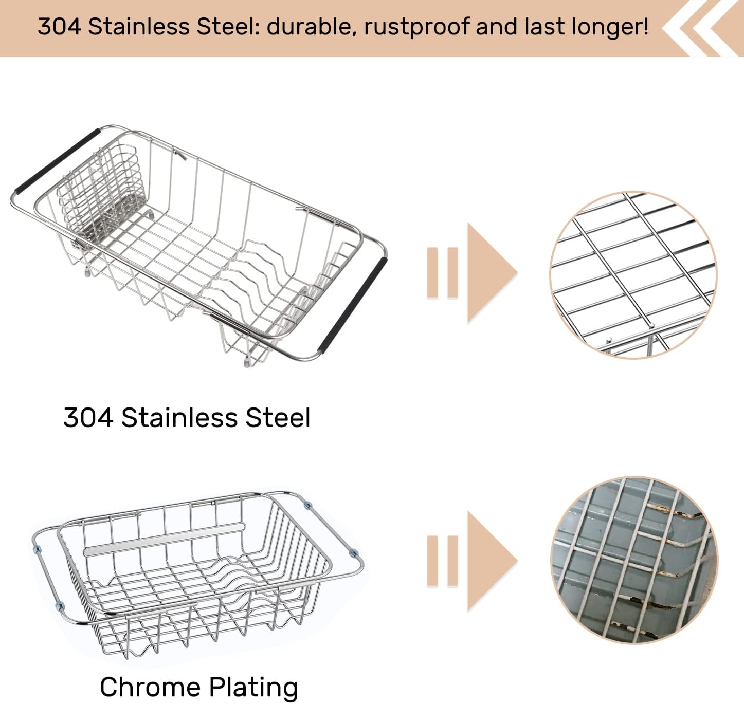 Sink Dish Drainer Rack, Expandable 304 Stainless Steel Dish Drying Rack Organizer with Stainless