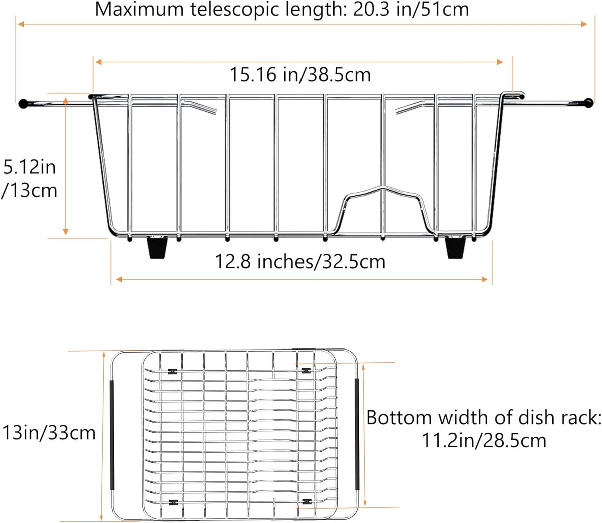 Stainless Steel Dish Drying Rack(15.2"L X 13"W X 5.8"H), Expandable Fruit & Vegetable Drain Rack