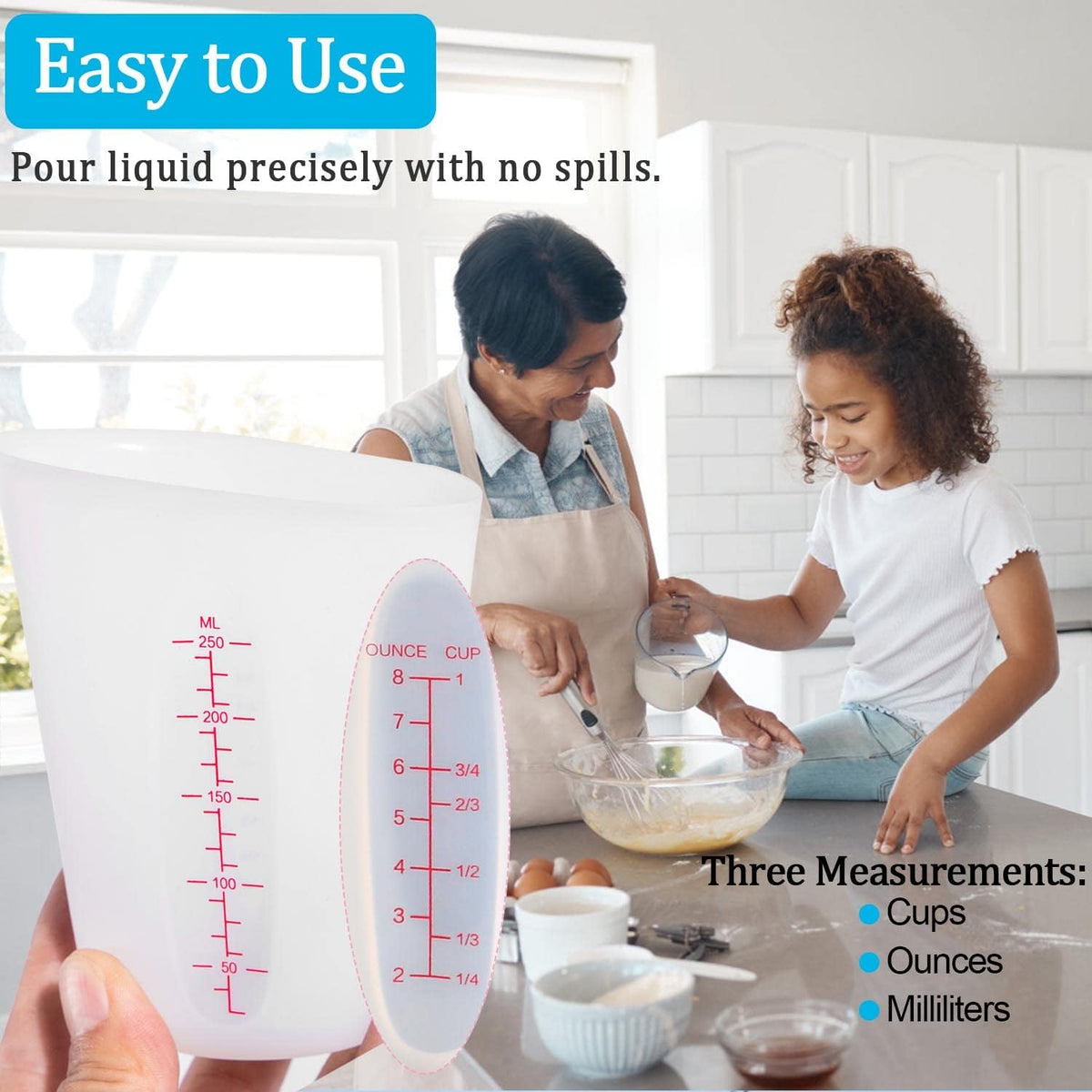 Silicone Measuring Cups, 500ml & 250ml Large Flexible Mixing Cups, 2 Cups Pour Baking Cups for