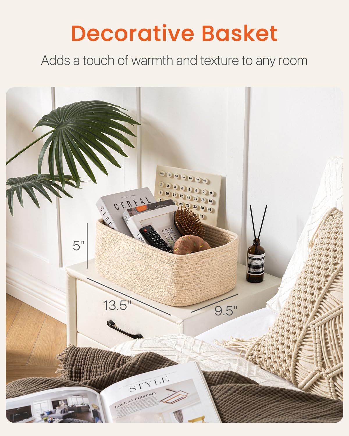 Small Woven Basket, 13.5 x 9.5 x 5 Inches, Storage Basket for Organizing, Cute Small Rope Shelf
