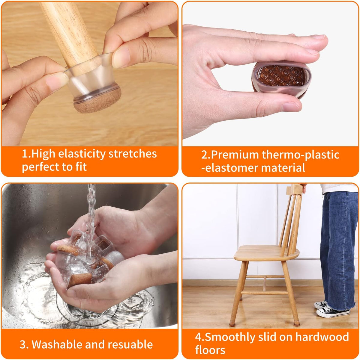 Ezprotekt 24 Pcs Clear Silicone Chair Leg Floor Protectors with Felt, Floor Protectors for Chairs