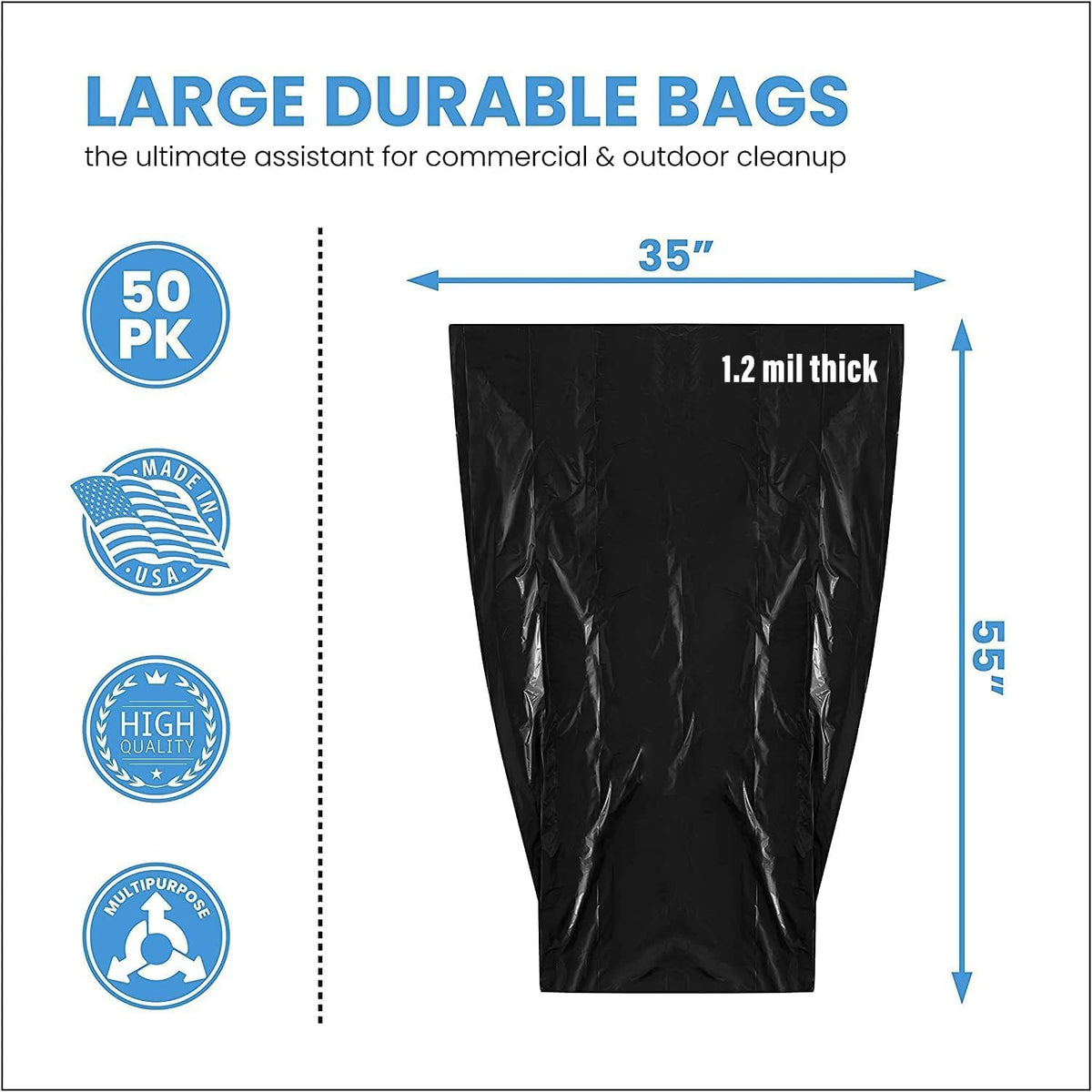 ToughBag 55 Gallon Trash Bags, 55-60 Gallon Trash Bags Heavy Duty (50 COUNT) - Large Black Trash