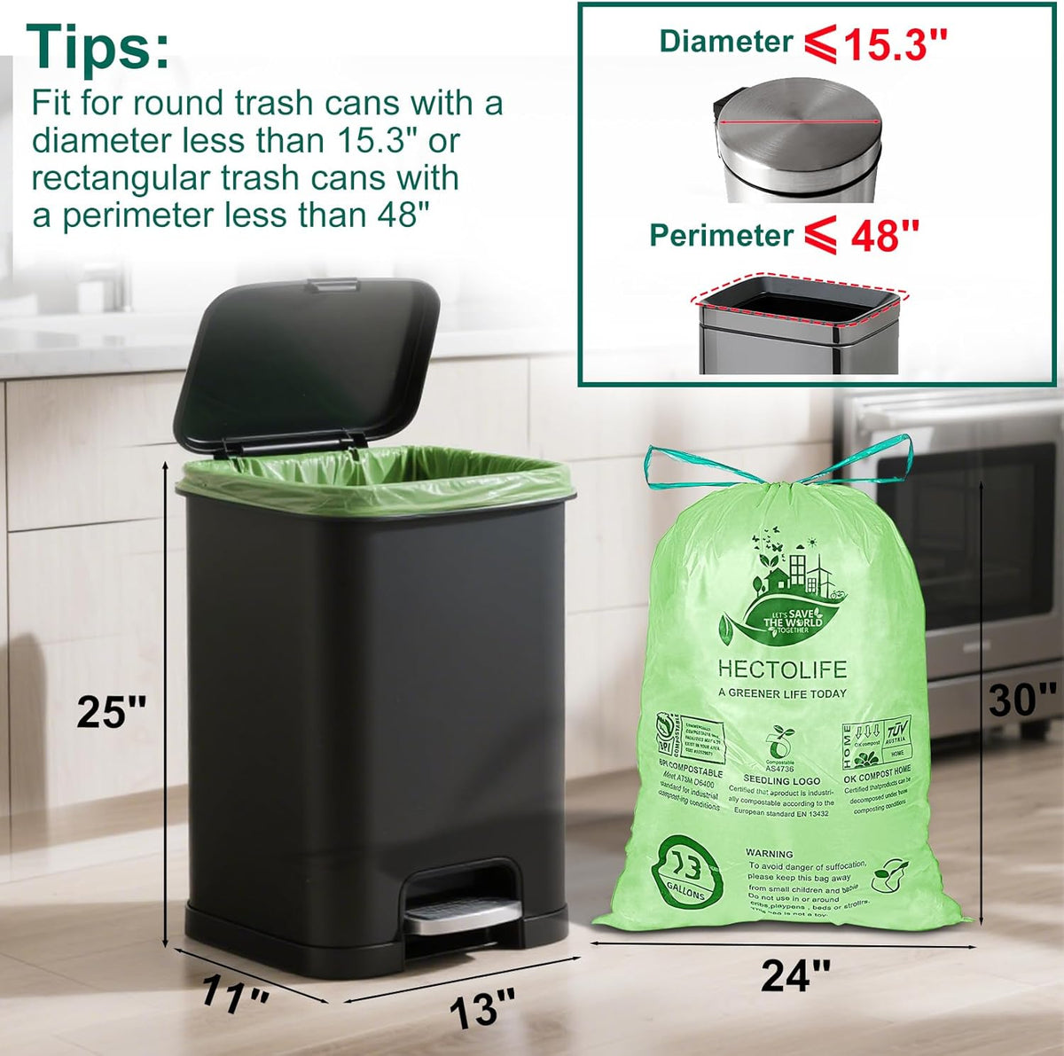 13 Gallon,200 Count, Compostable Trash Bags with Drawstring,Tear Resistant Kitchen Food Scrap Waste