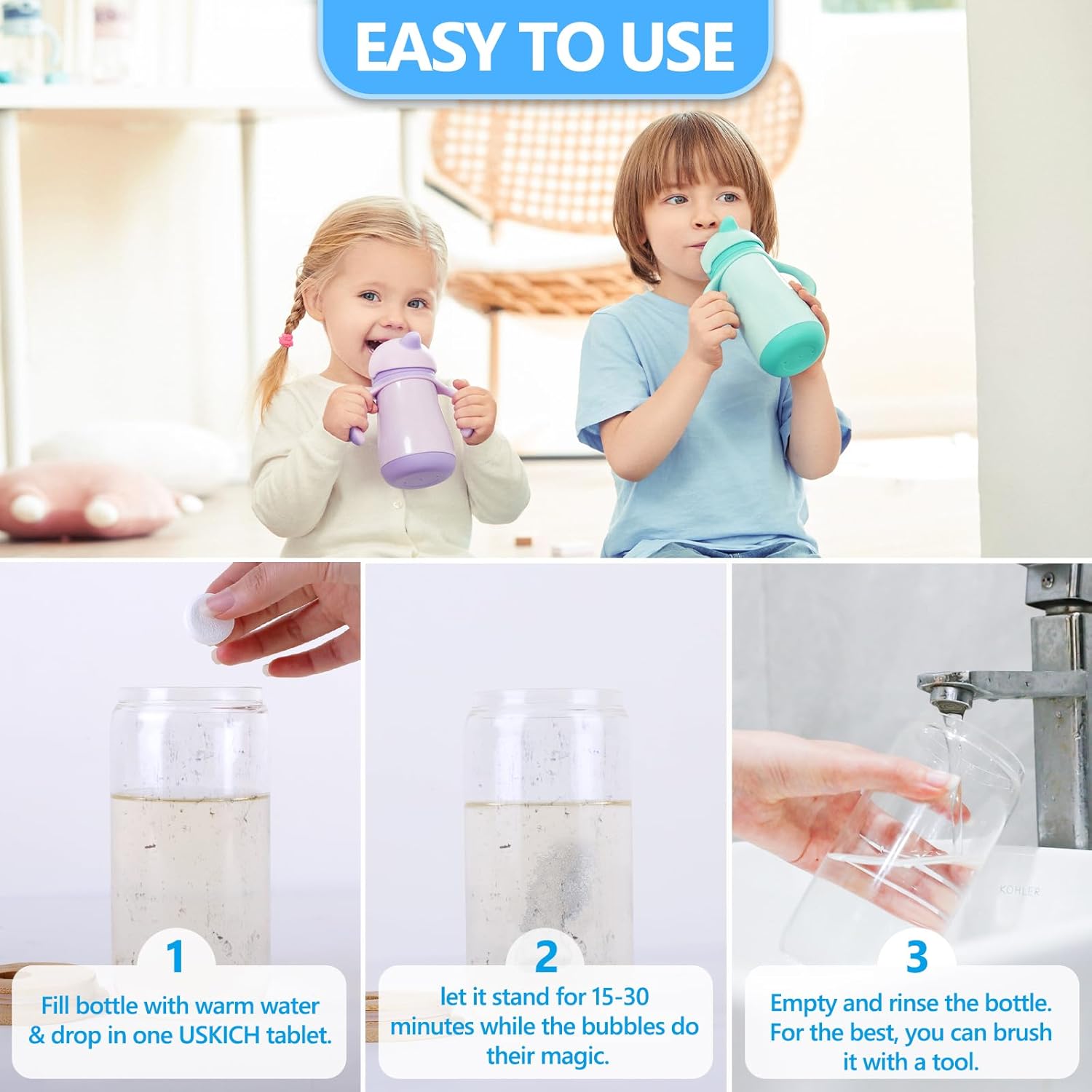USKICH 48 Pack Water Bottle Cleaning Tablets,Water Bottle Cleaner Great for Stainless Steel