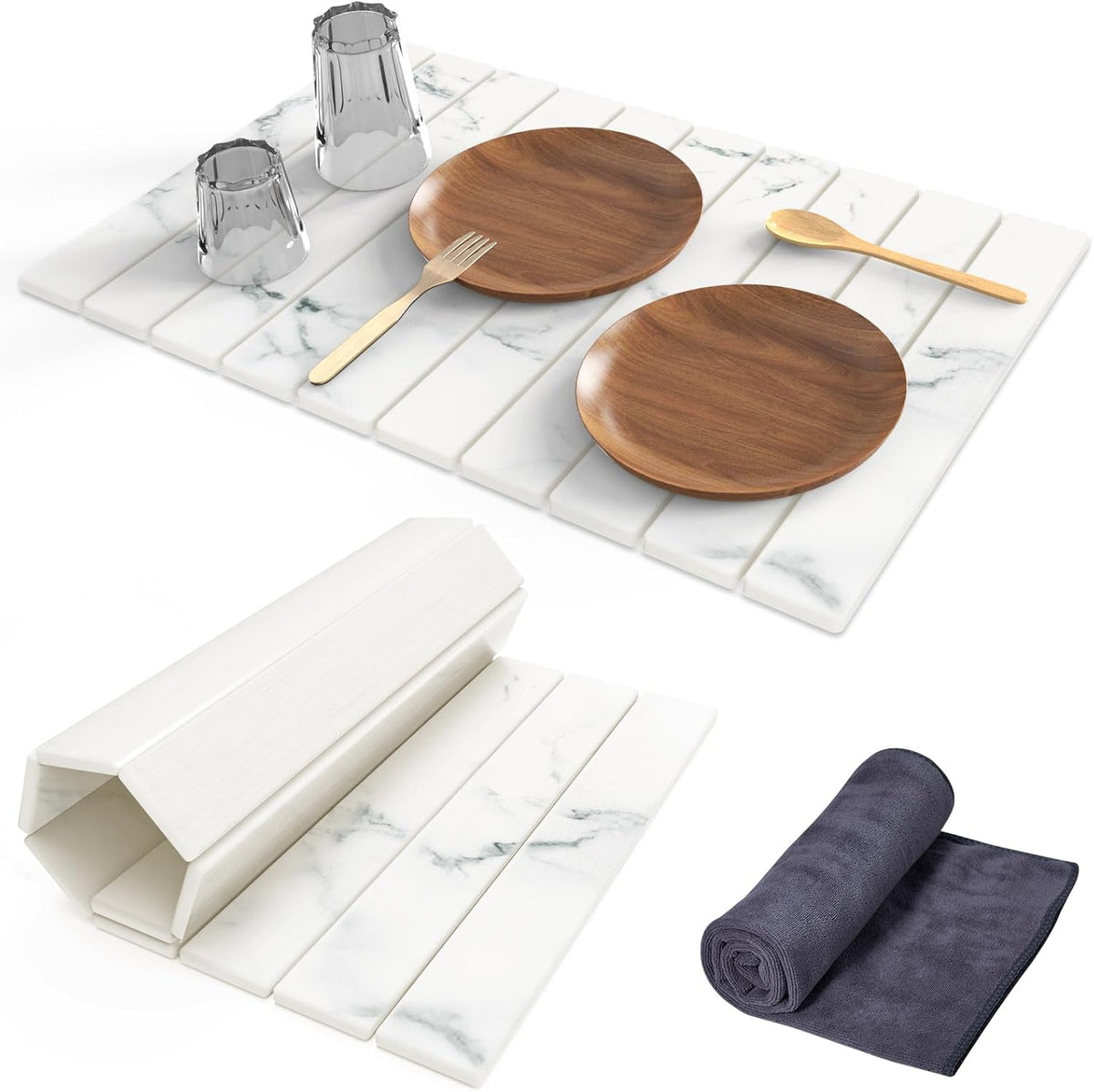 Stone Dish Drying Mat for Kitchen Counter,24"(L)×16"(W) Collapsible Fast-Drying Diatomaceous Earth