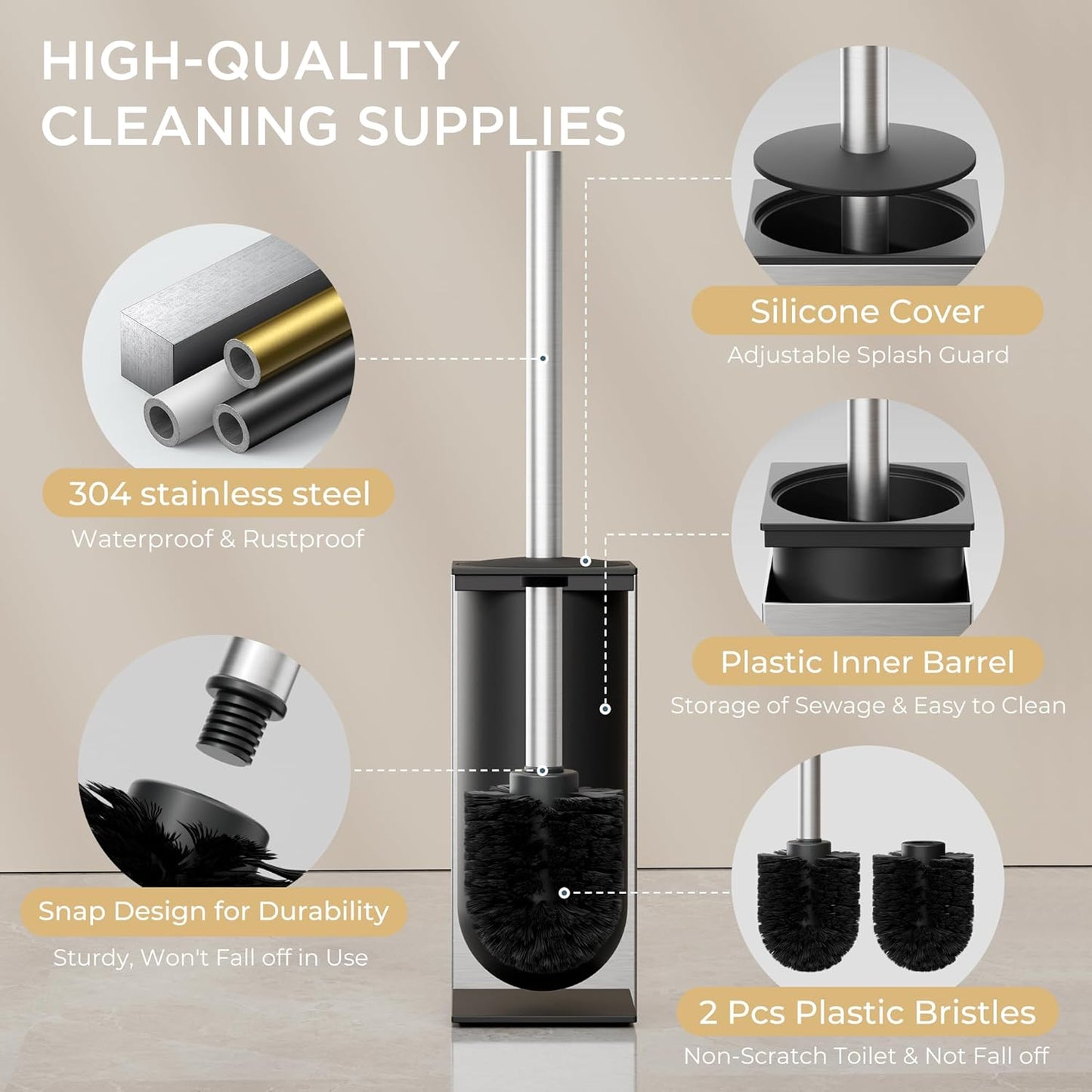 FORIOUS Toilet Brush and Holder Set, Heavy Duty 304 Stainless Steel Base Square and Long Handle for