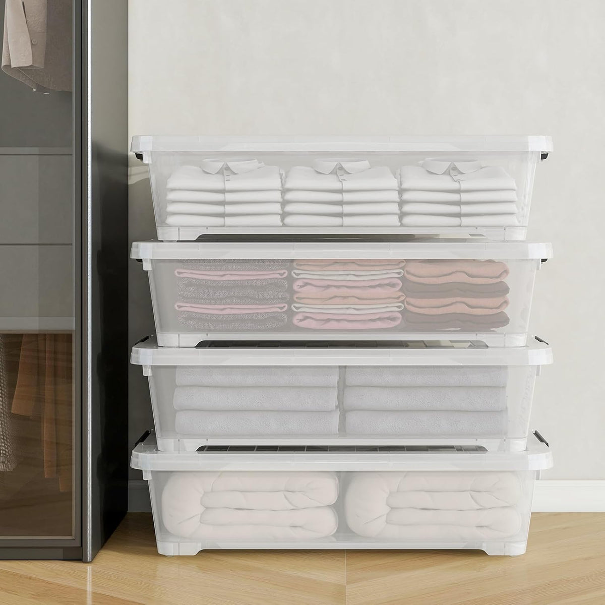 4Pack 40 Qt Plastic Under Bed Storage Organizer Bin Container with Secure Lids and Durable Wheels