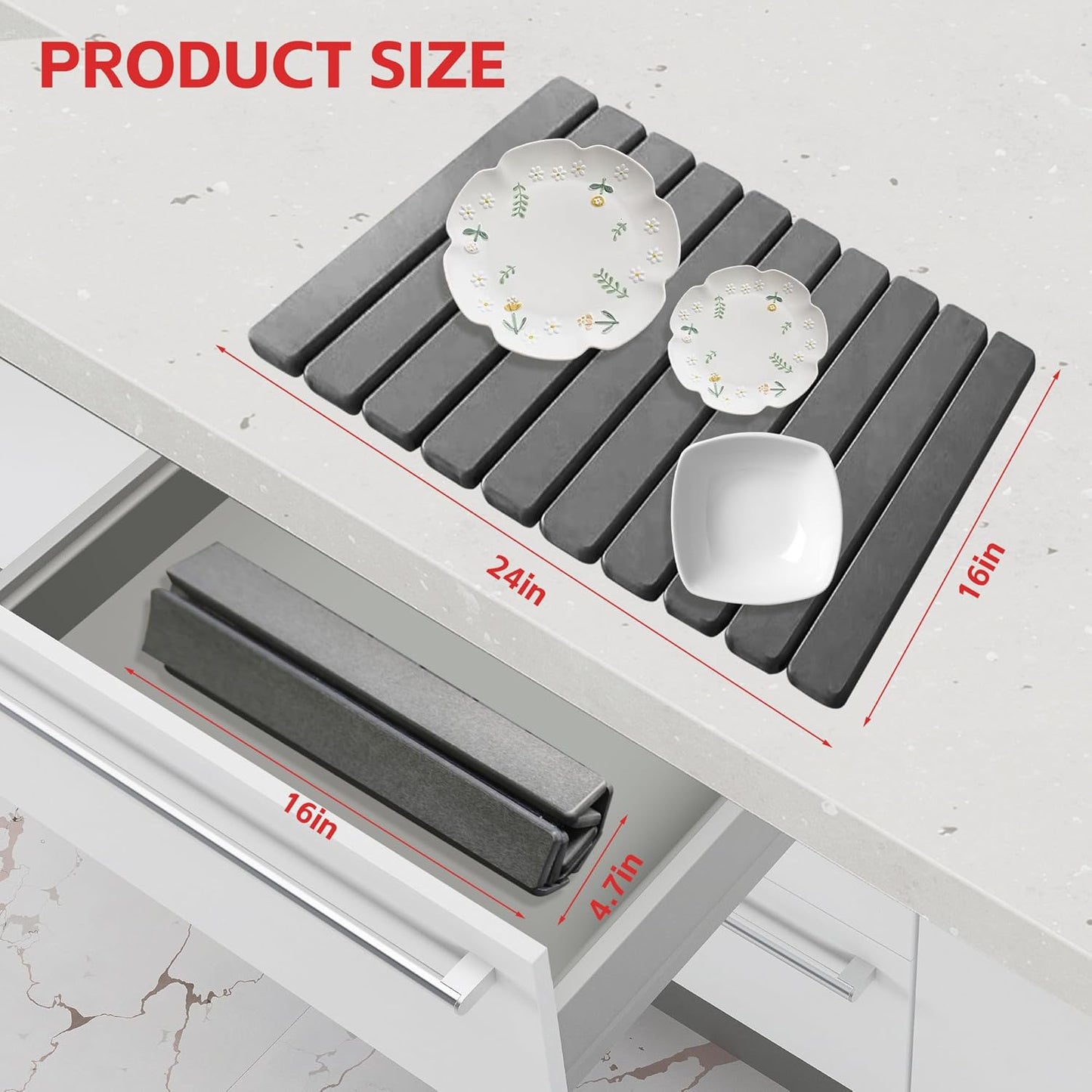 Stone Drying Mat For Kitchen Counter 24"x16" Foldable Super Absorbent Non-Slip Diatomaceous Earth
