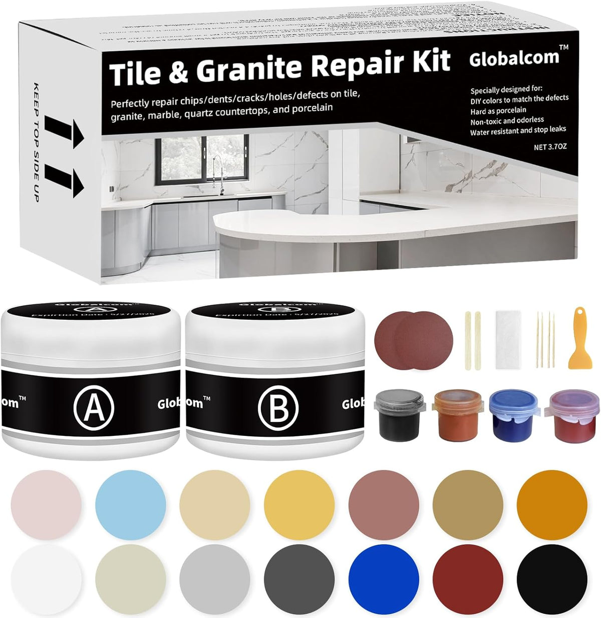 Globalcom Tile and Granite/Marble Repair Kit, Porcelain Stone and Quartz Countertops Repair Kit for