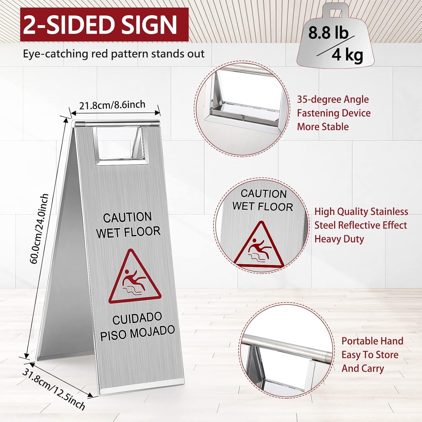 Kigley 2 Pcs Wet Floor Sign, 24 Inch Stainless Steel Caution Wet Floor Sign Double Sided Portable