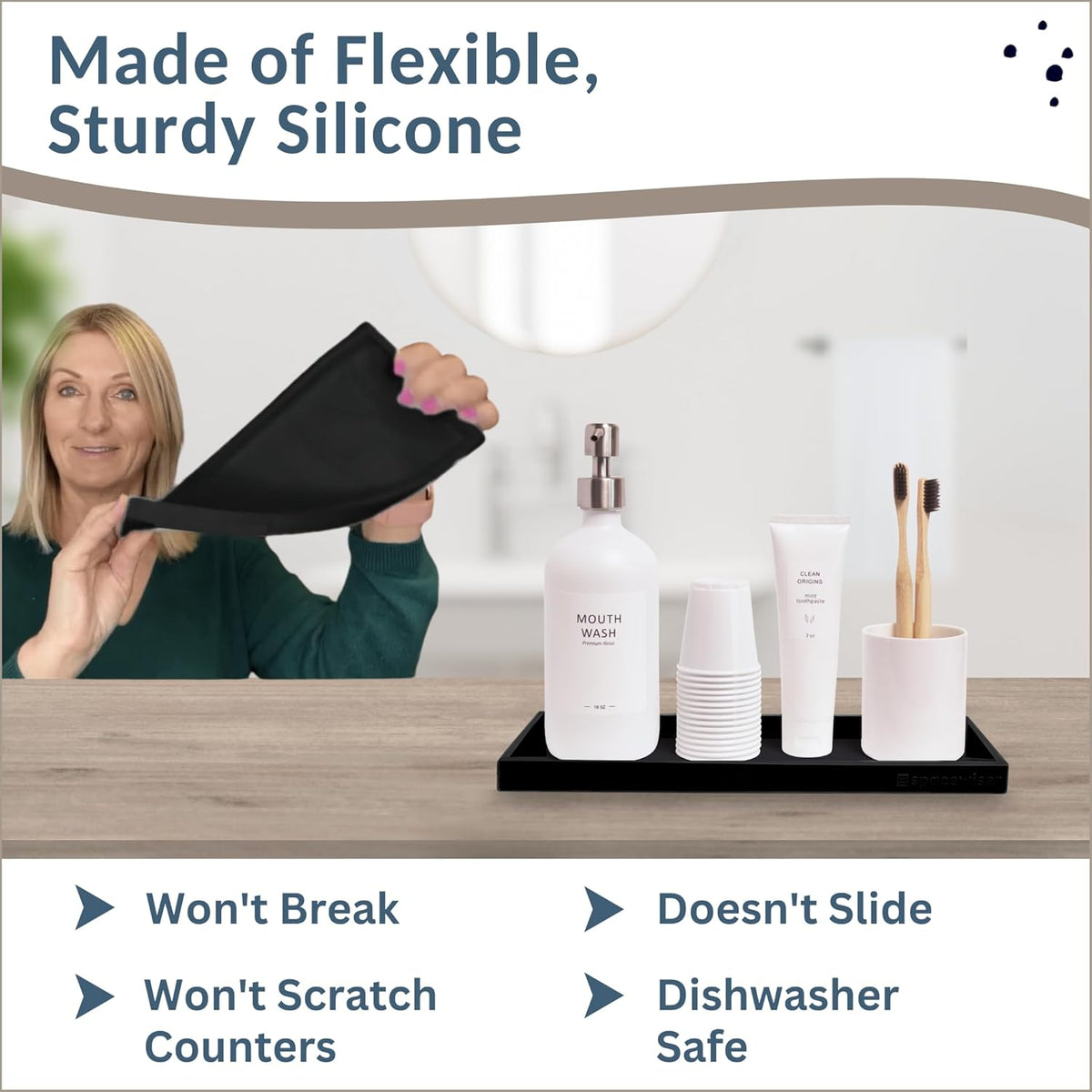 Countertop and Vanity Tray - 11.7" Silicone Bathroom Tray Countertop, Dish Soap Trays for Kitchen