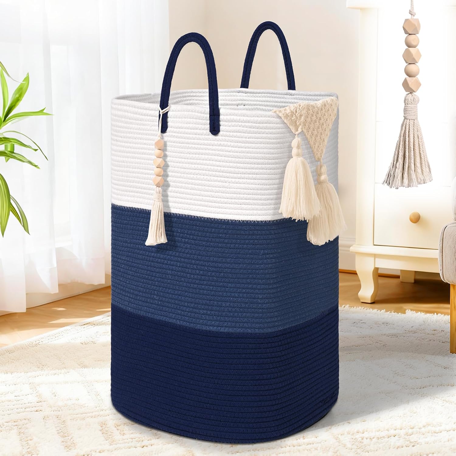 Woven Laundry Basket for Clothes,100 L Large Rectangle Laundry Hampers with Beads Tassel, Nursery