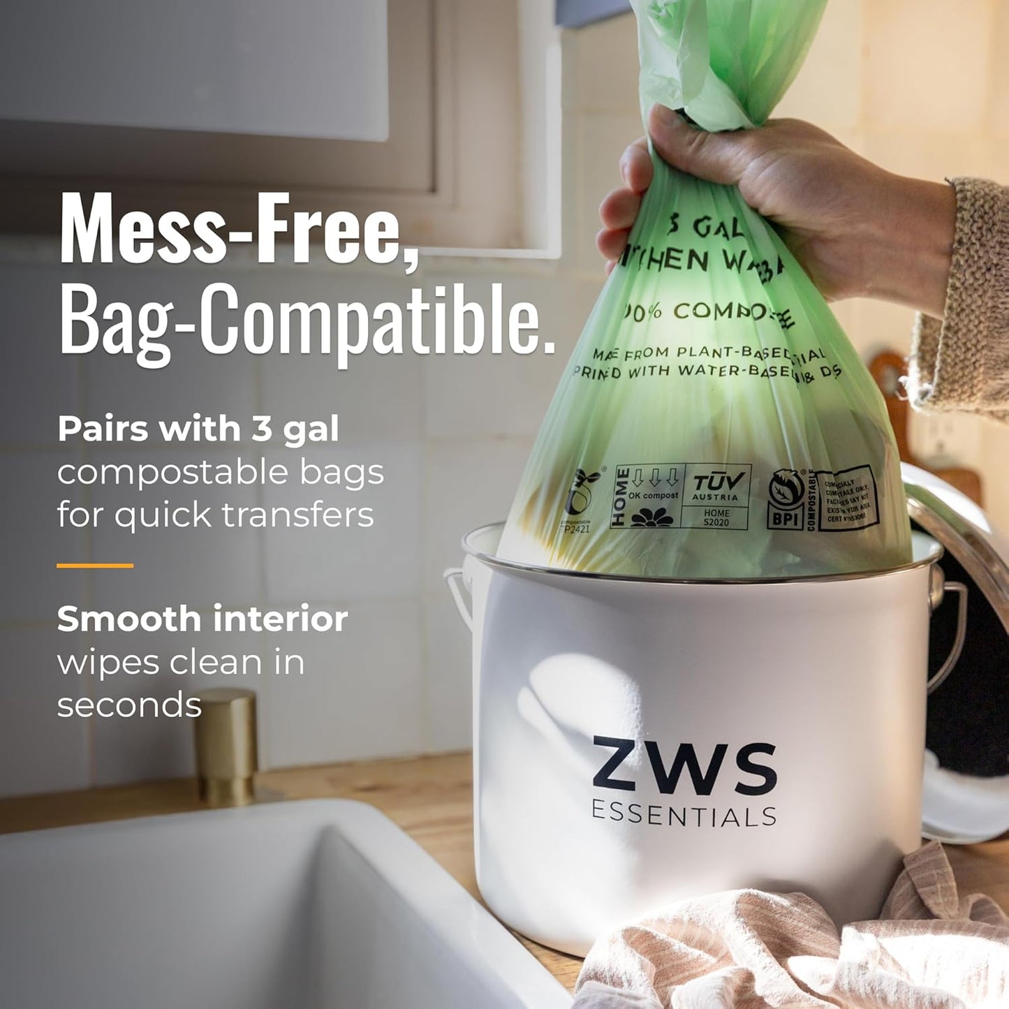 White Stainless Steel Compost Bin | 6.5L Odor-Free Kitchen Countertop Food Scrap Pail with Charcoal