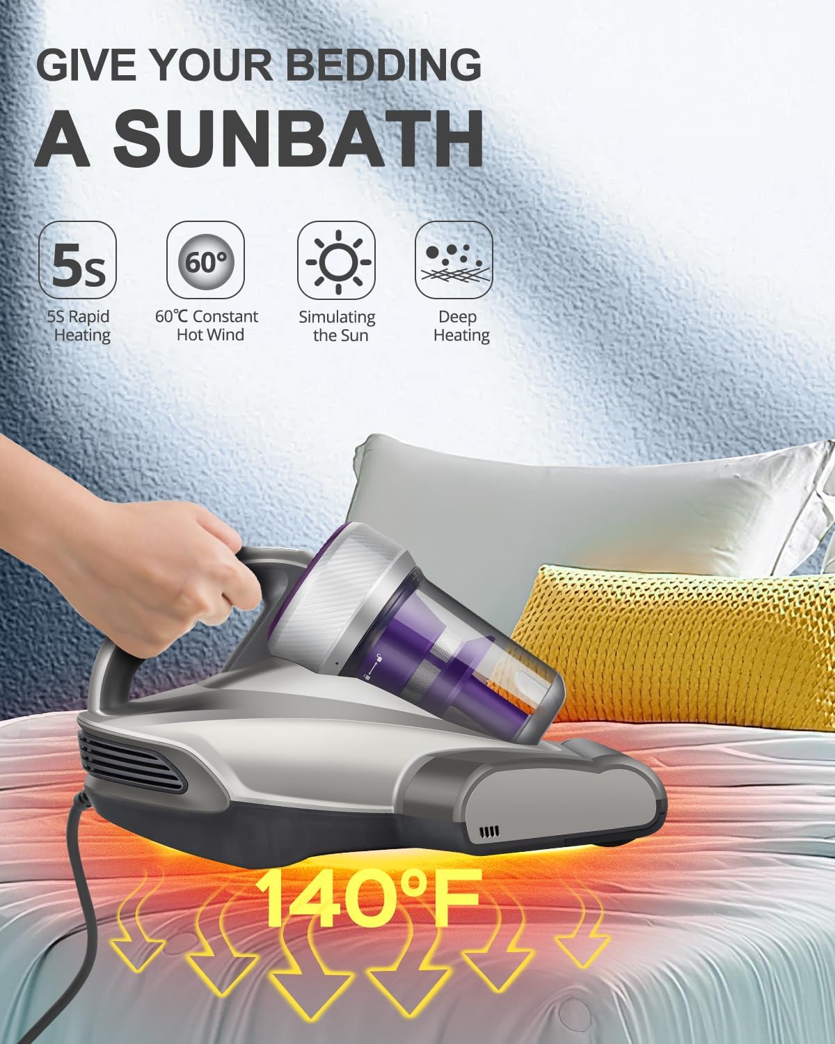 Jimmy Mattress Vacuum Cleaner, Anti-allergen Bed Vacuum Cleaner with UV-C Light & High Heating