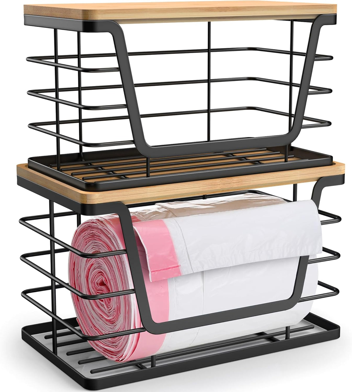 ALOCEO 2 Pack Storage Stackable Kitchen Laundry Organizers with Bamboo Top, Large Trash Bag Holder