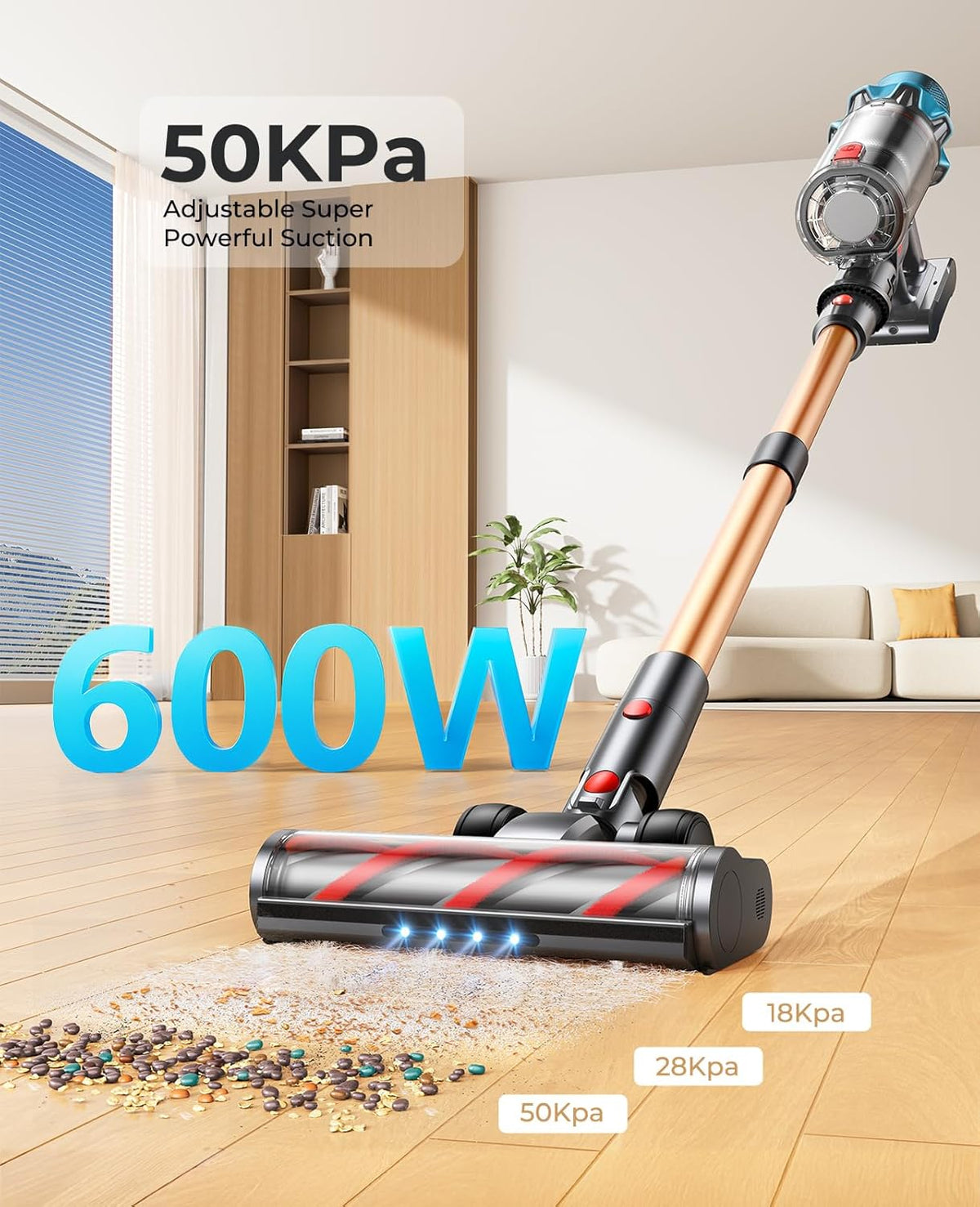 Cordless Vacuum Cleaner 600W/50Kpa, Stick Vacuum Cleaners 65 Mins Max Runtime with Charging Dock