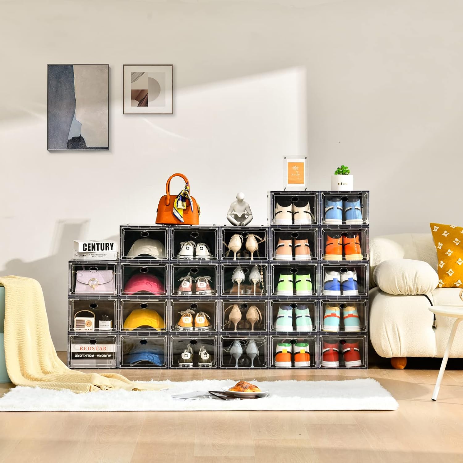 10 Pack Shoe Boxes Stackable,Upgraded Sturdy Storage Boxes with Clear Magnetic Door,Multifunctional
