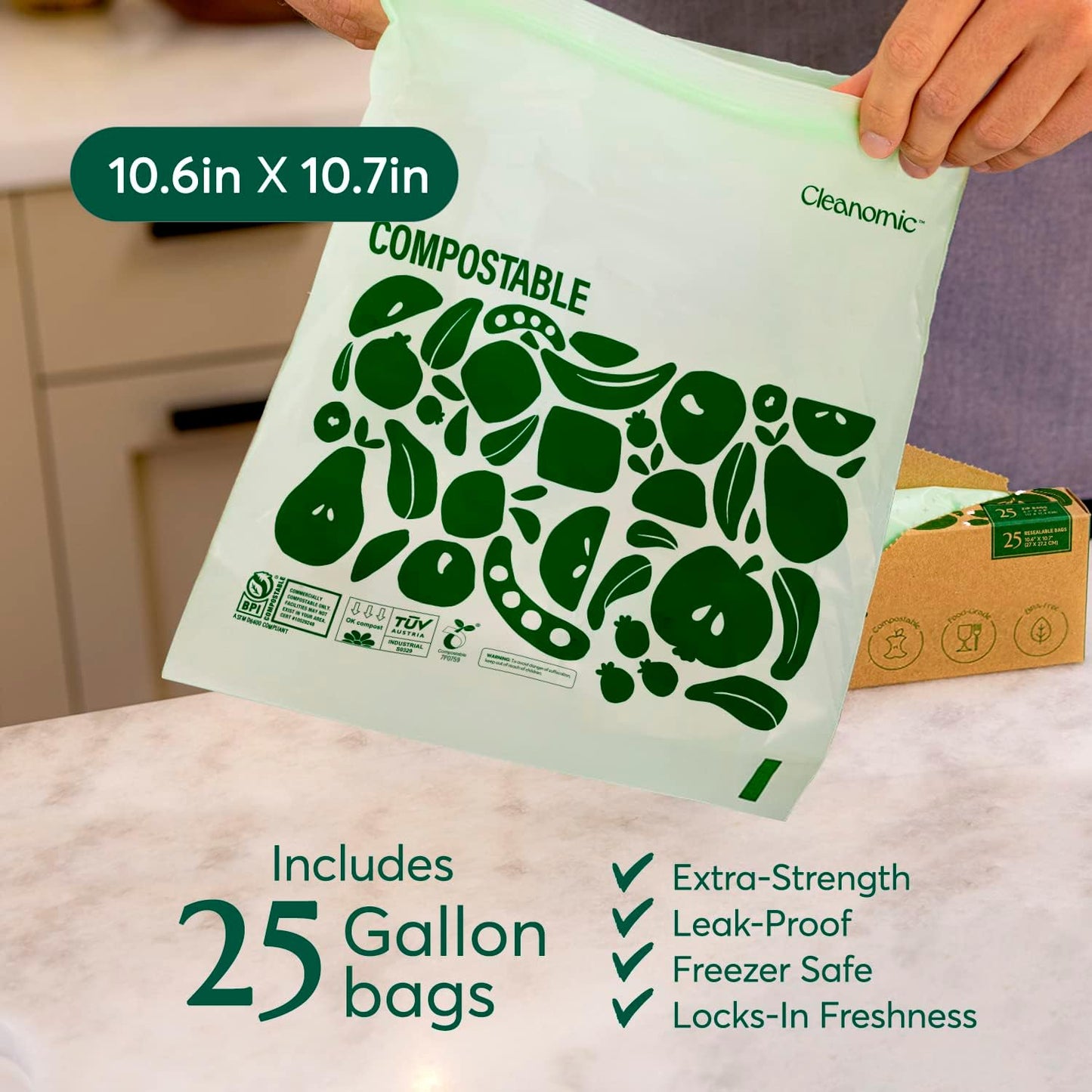 Cleanomic Compostable* Gallon Size Food Storage Bags (25 Eco Zip) Freezer and Leak Proof, Also