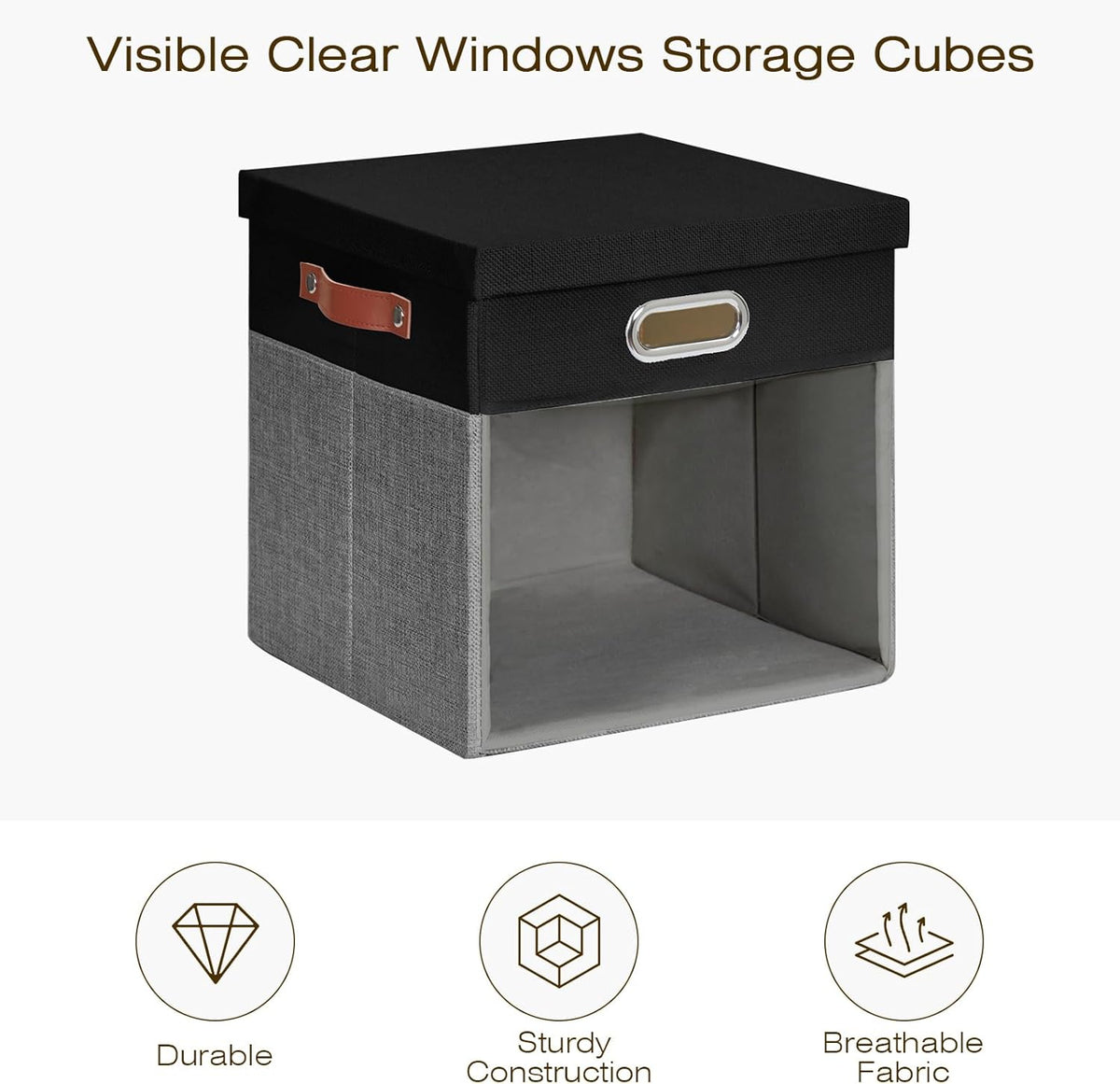 Fabric Storage Cubes with Clear Windows and Lids, 13'' Foldable Storage Bins with 3 Handles