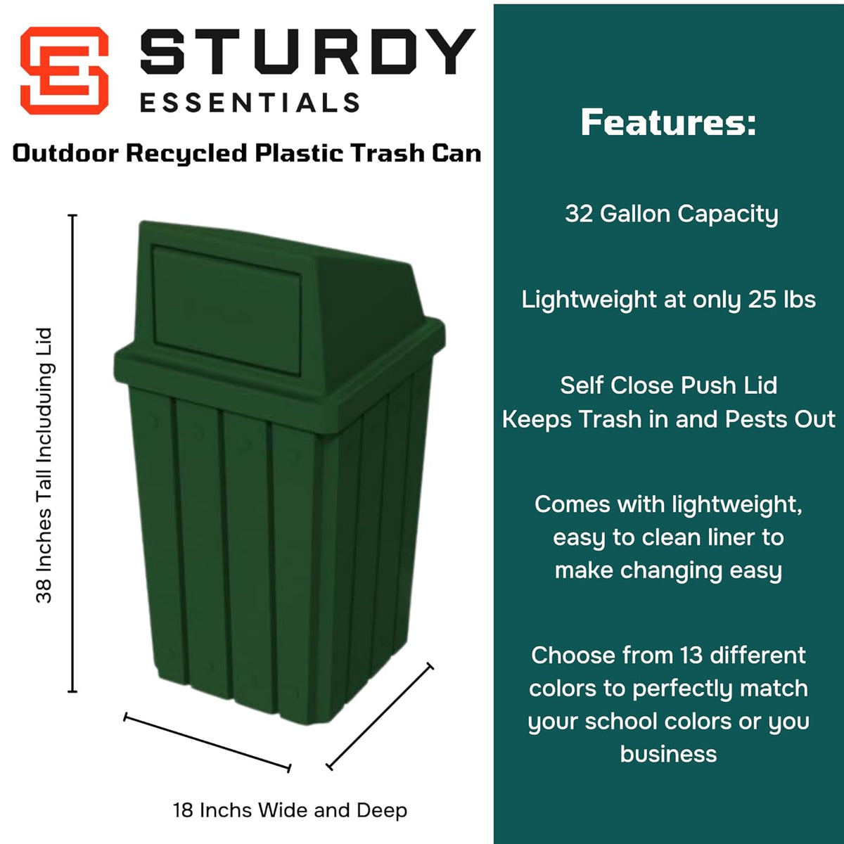 32 Gallon Square Slatted 100% Recycled Plastic Heavy-Duty Commercial Outdoor or Indoor Trash Can