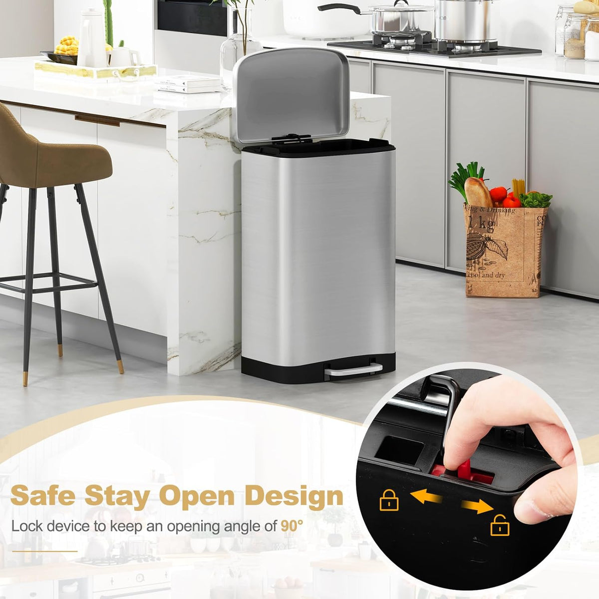 S AFSTAR 13.2 Gal Step Trash Can, 50 Liter Stainless Steel Pedal Trash Bin W/Lock Device & Soft