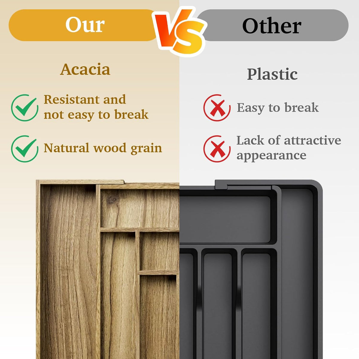 Acacia Wood Kitchen Silverware Drawer Organizer, Expandable Utensil Cutlery Drawer Organizer with