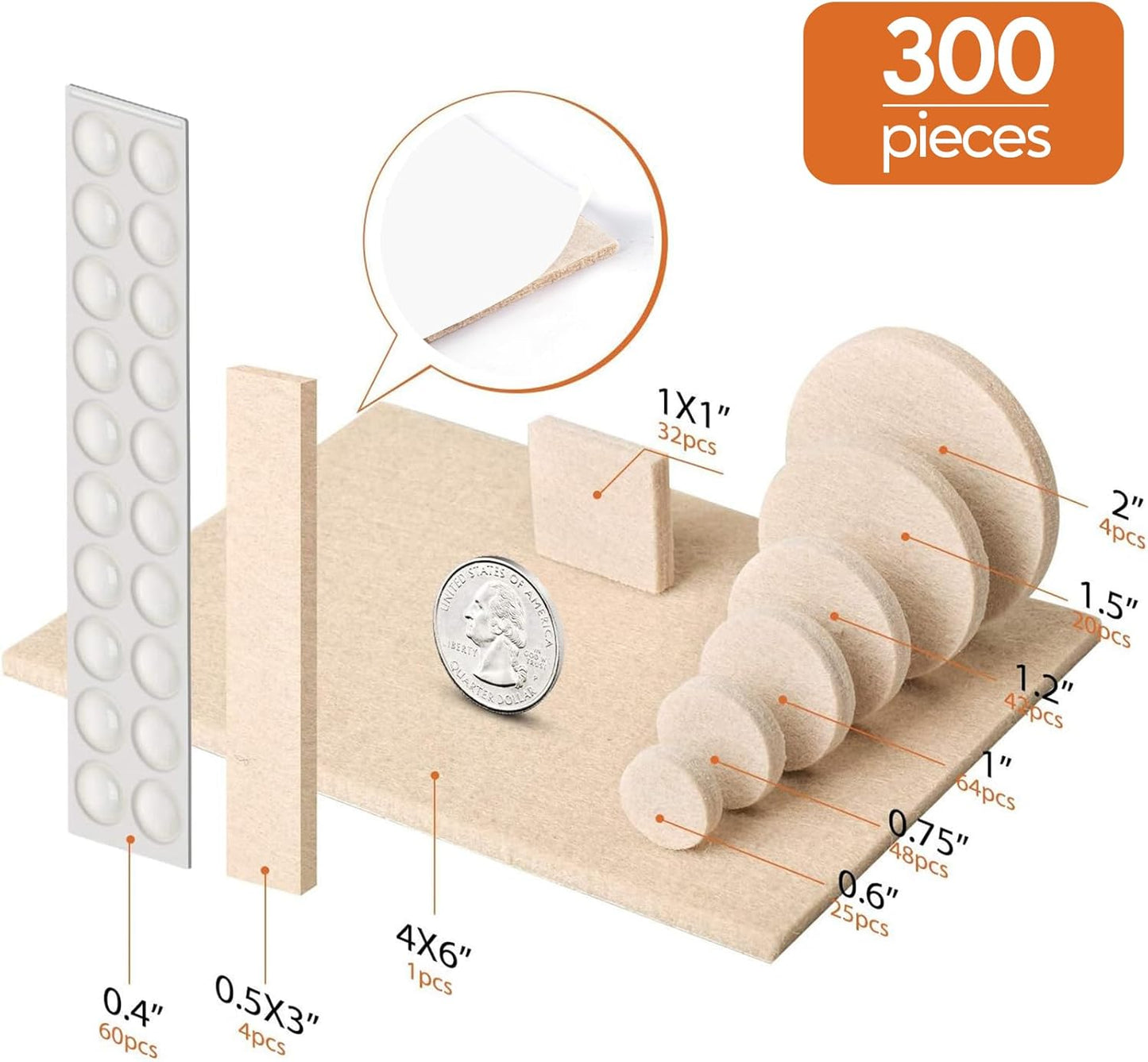 Furniture Pads 300 Pack Premium Furniture Felt Pads (Beige), Huge Quantity Self Adhesive Anti