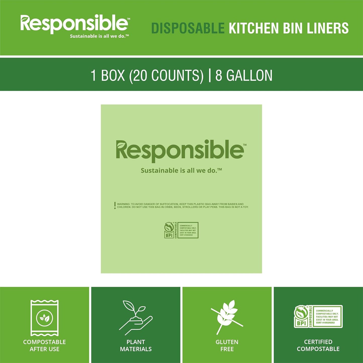 Responsible Products Kitchen Bin Liners, Certified Compostable, Heavy Duty Multipurpose Food Scrap