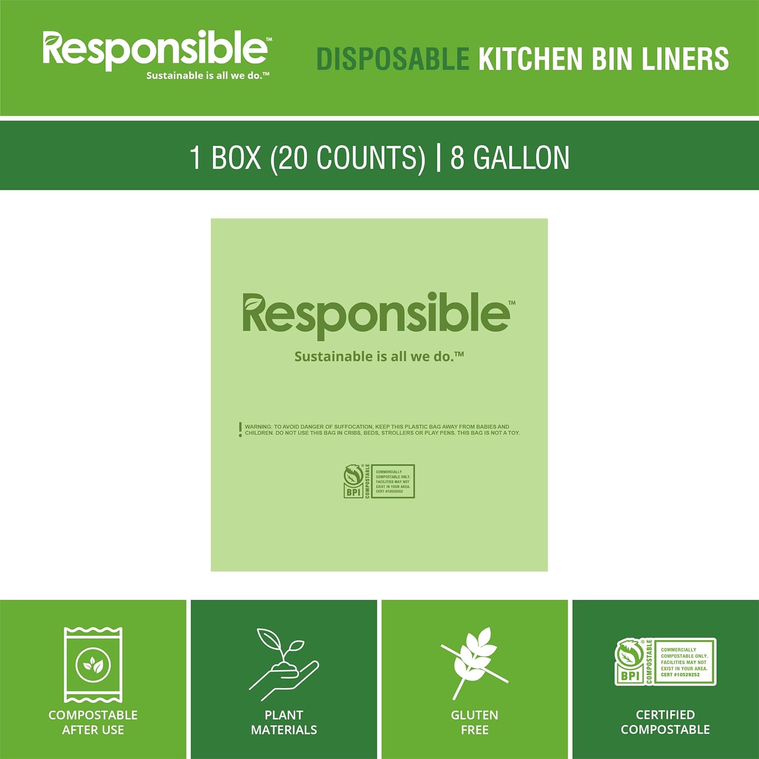 Responsible Products Kitchen Bin Liners, Certified Compostable, Heavy Duty Multipurpose Food Scrap