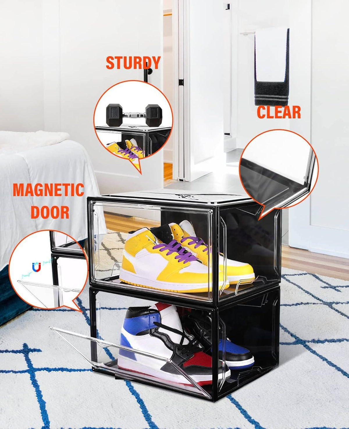 KDOR Clear Shoe Boxes Stackable, 3 Pack Shoe Storage Box with Lids Magnetic Door, Clear Sneaker