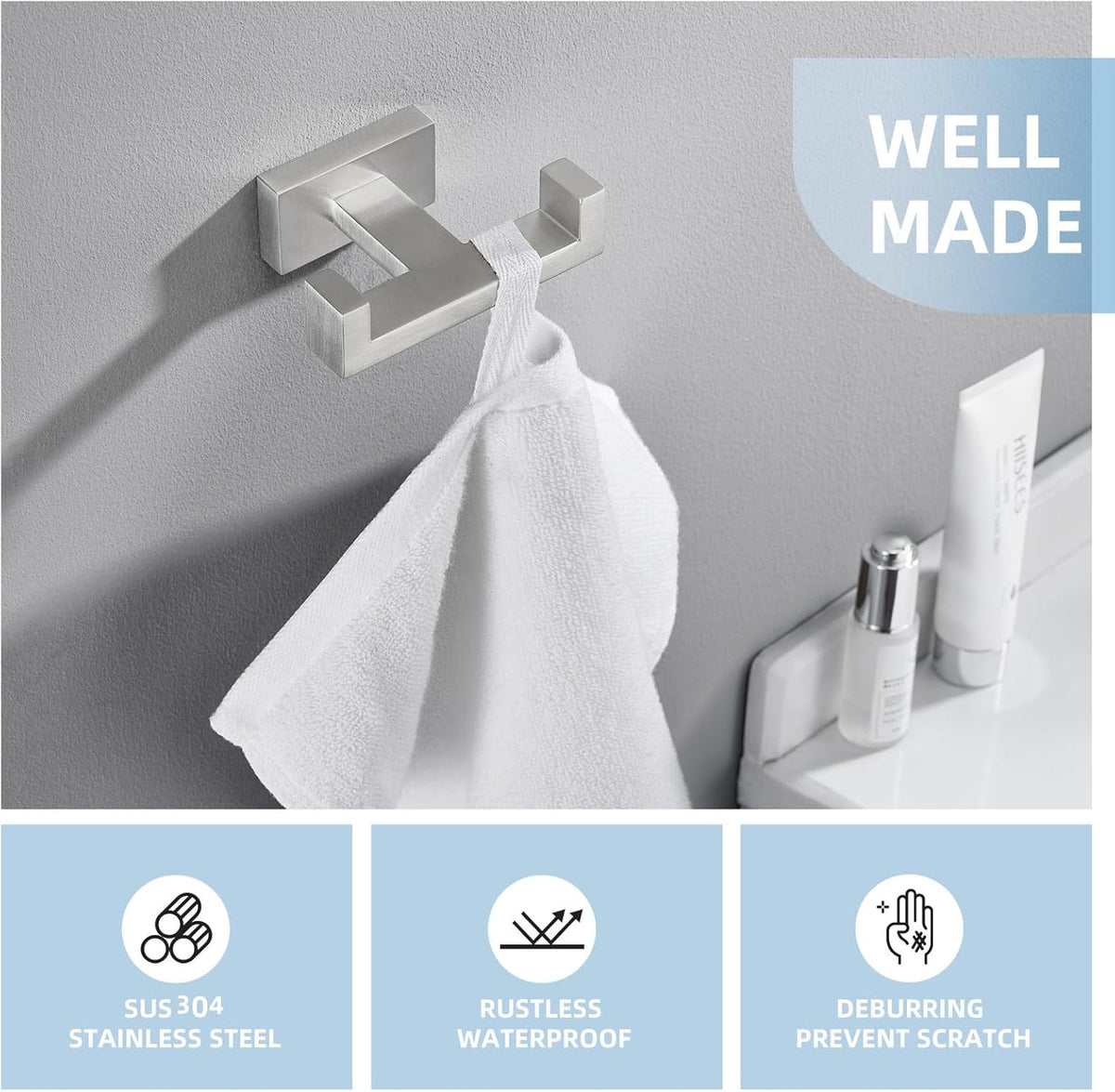 Angle Simple Towel Hook for Bathroom, SUS 304 Stainless Steel Double Robe Coat Hook, Hand Towel