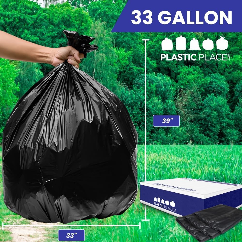 Plasticplace Contractor Trash Bags 33 Gallon - 3.0 Mil, Heavy Duty Garbage Bag 33” x 39”, Black, 50