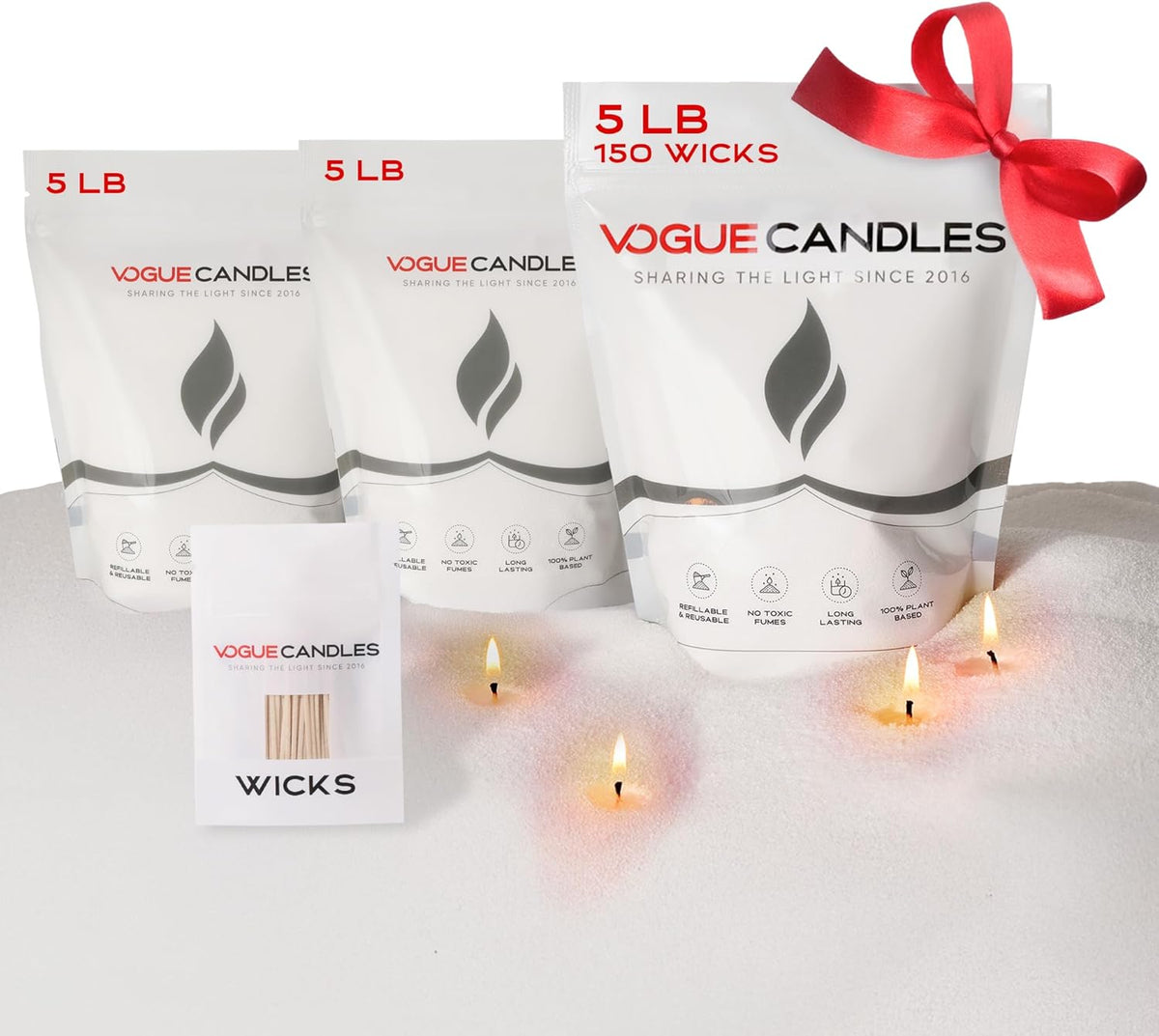 Vogue Candles 3-Pack 5 LB Refillable White Pearled Candle Sand – 15 LB Value Bundle with 150