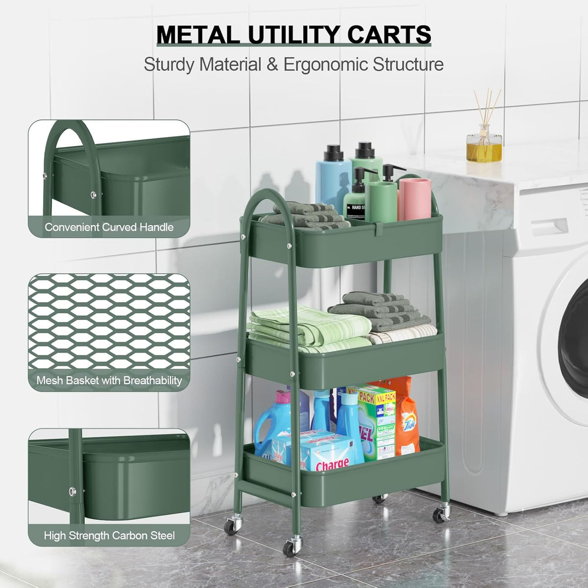 EAGMAK 3 Tier Utility Rolling Cart, Metal Storage Cart with Handle and Lockable Wheels