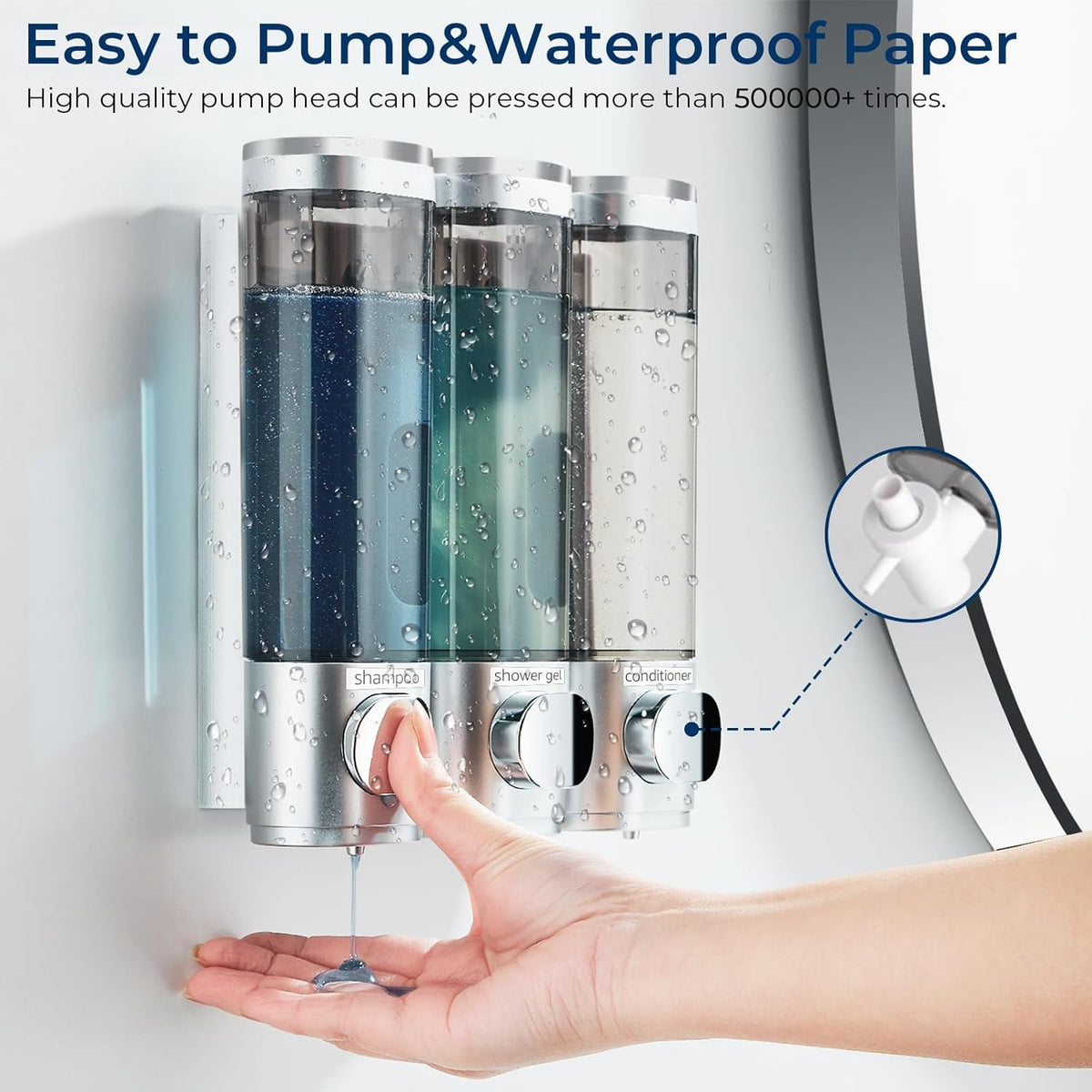 Shampoo and Conditioner Dispenser, Pollock Shower Soap Dispenser 3 Chamber No Drill, Wall Mounted