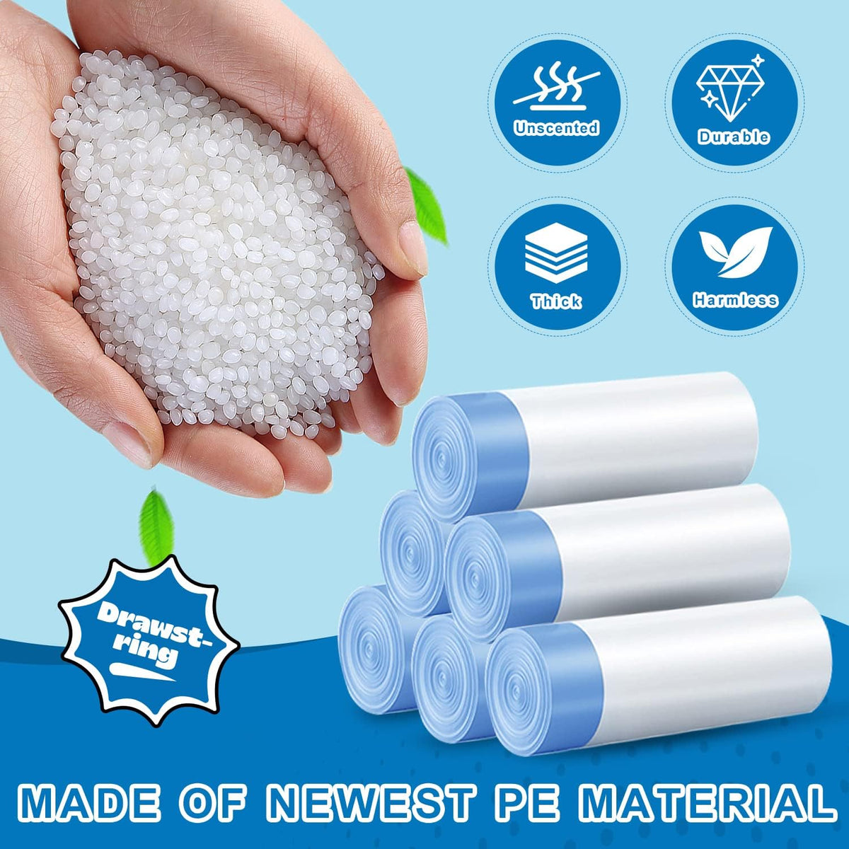 Small Trash Bags 4 Gallon with Drawstring, 1.1 Mil 15 Liter White Thick Unscented Small Plastic