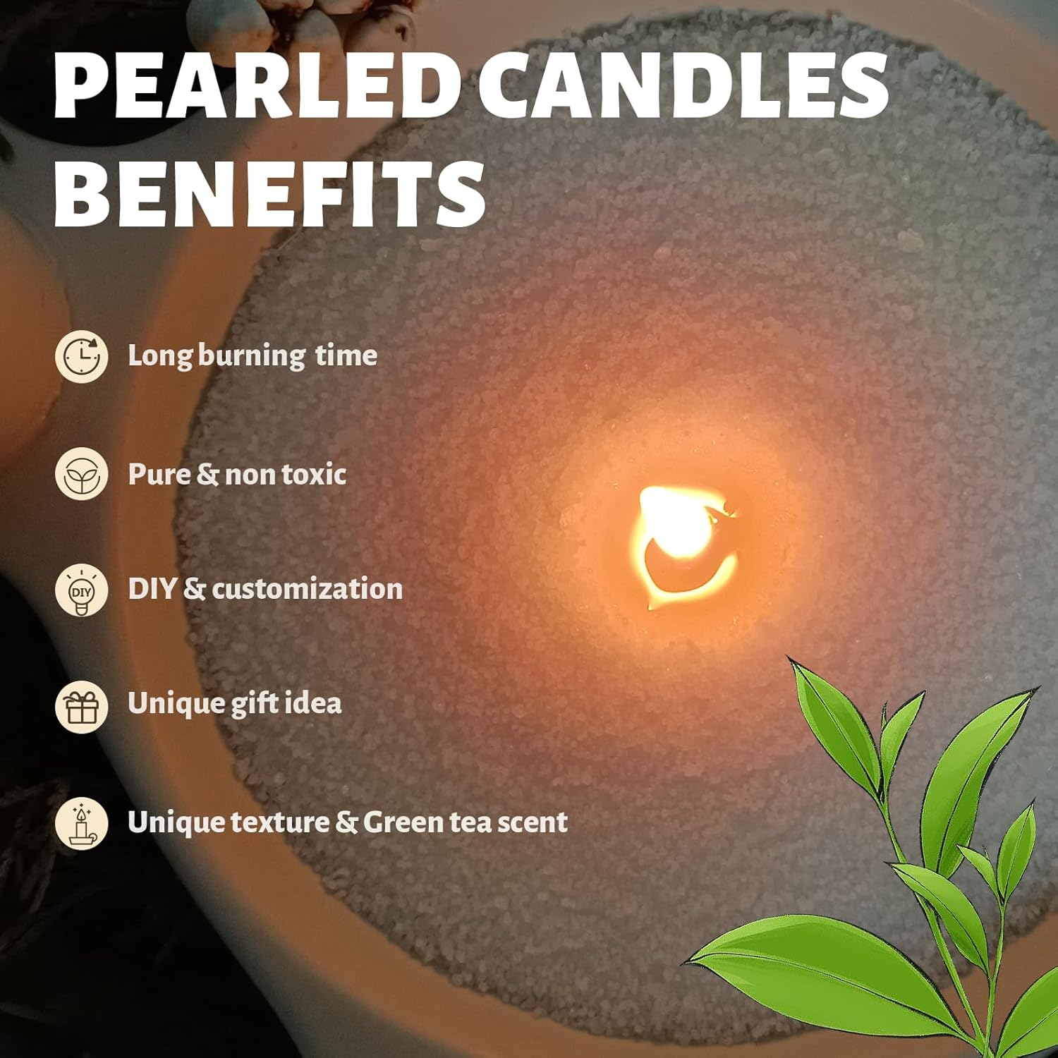 Green Tea Scented Light Green Pearled Candle 18oz Luxury Sand Candle Granulated Wax 30 Cotton Wicks