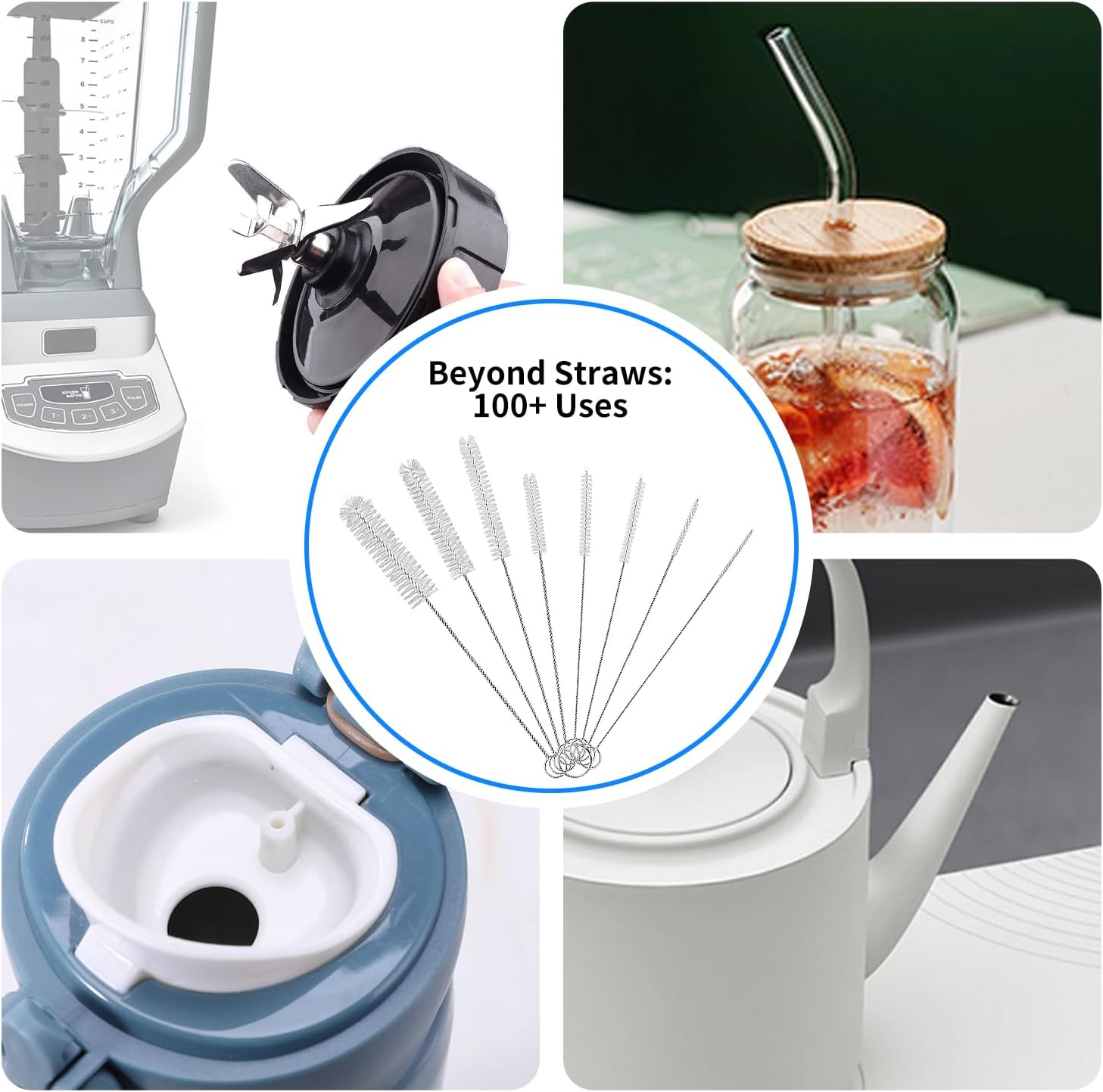 8 Pack Straw Brush Cleaner with Different Diameters (3mm-30mm) - 12" Long Nylon Brush for Water