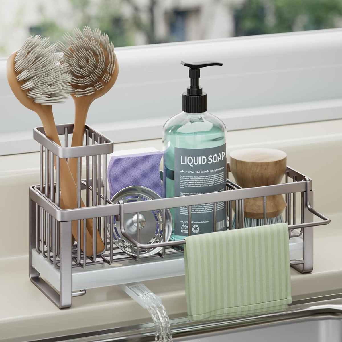 HapiRm Sponge Holder for Kitchen Sink - Self-draining Sink Caddy with Brush Holder and Dishcloth
