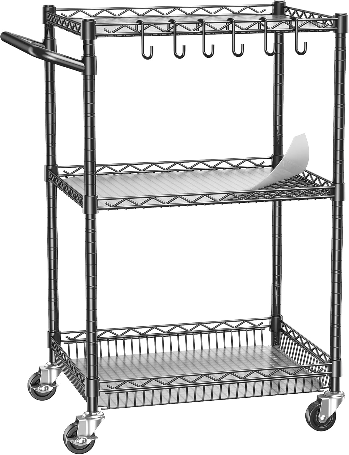 Metal Steel Wire Cart with Wheels, 3 Shelf Rolling Cart, Kitchen Trolley with Handle Bar&Shelf