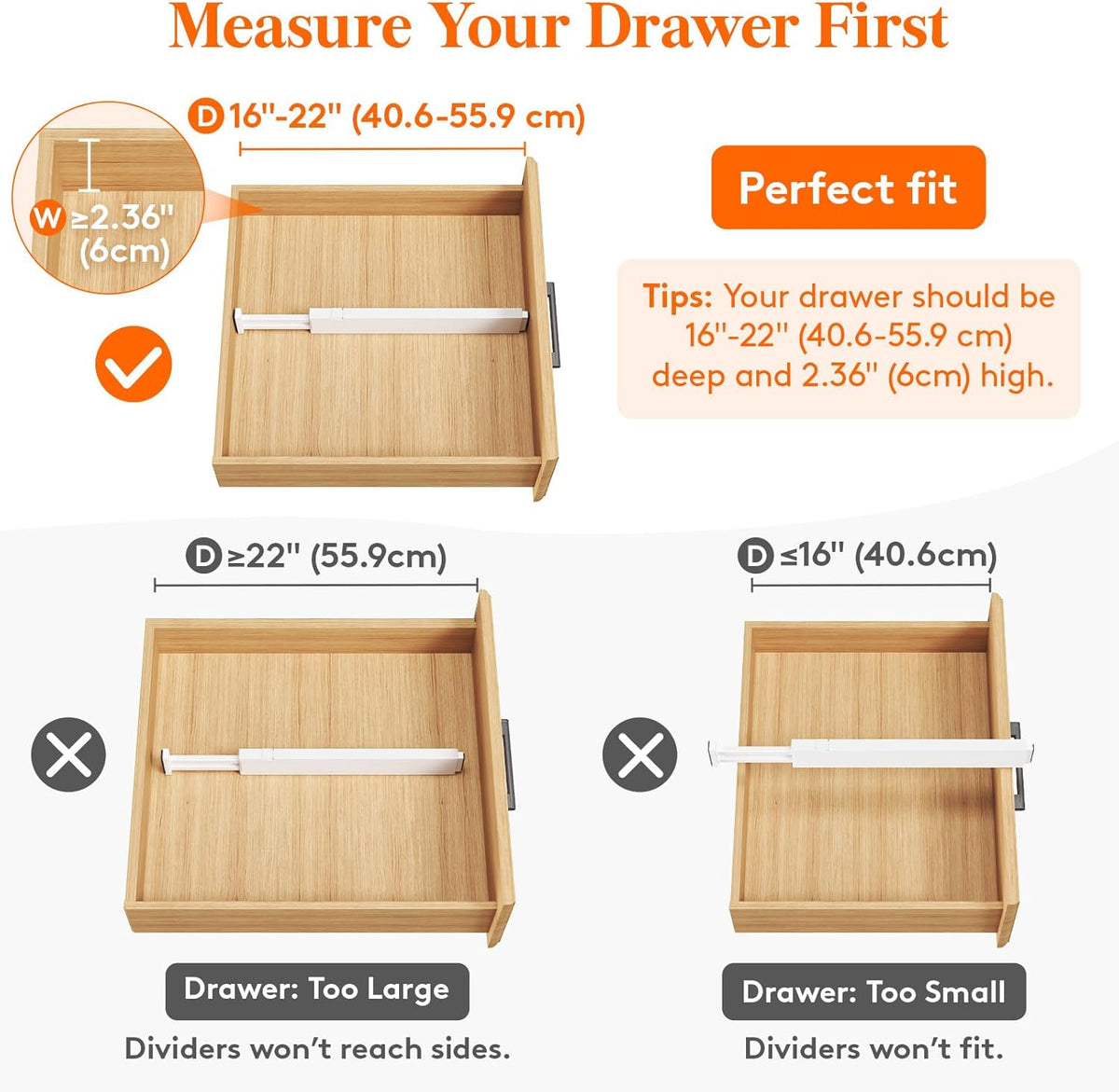 Lifewit 12 Pack Kitchen Drawer Dividers 2.36" High, 16"-22" Adjustable Drawer Organizer for