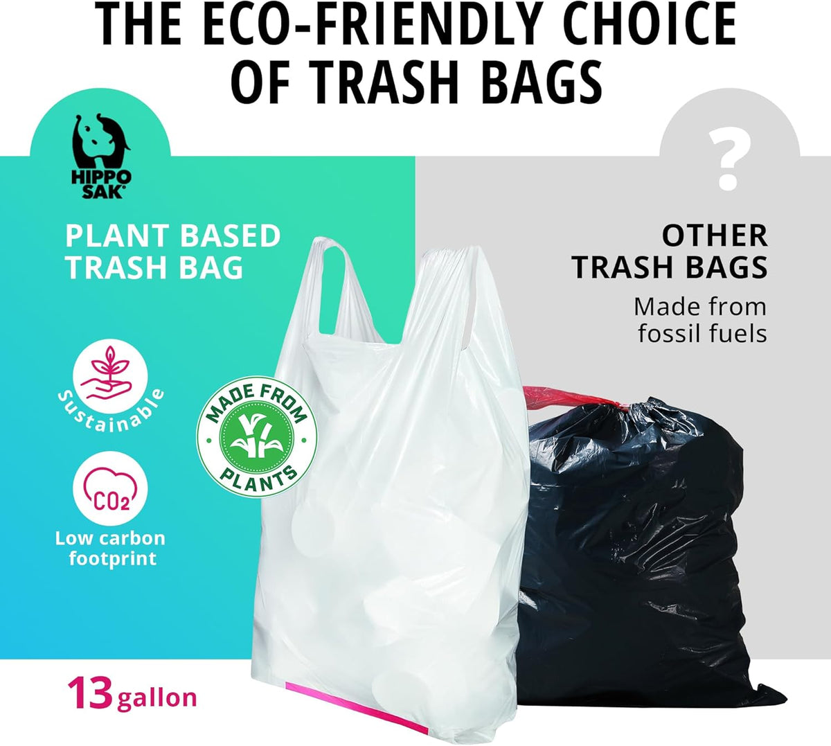 Hippo Sak - Plant Based Tall Kitchen Garbage Bags with Ergonomic Handles - 13 Gallon Trash Bags