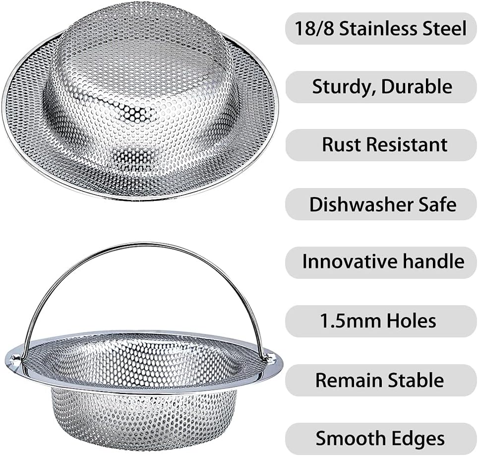 Kitchen Sink Strainer, 2-Pack Sink Strainer Basket with Handle, 4.5" Diameter, Stainless Steel