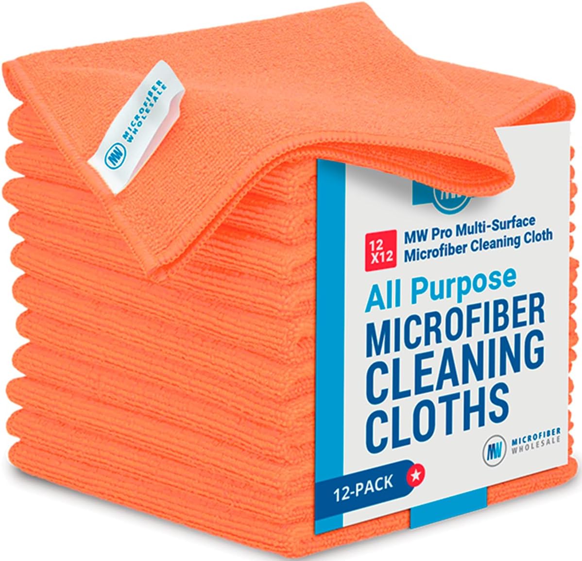 12" x 12" MW Pro Multi-Surface Microfiber Cleaning Cloths | Orange - 12 Pack | Premium Microfiber