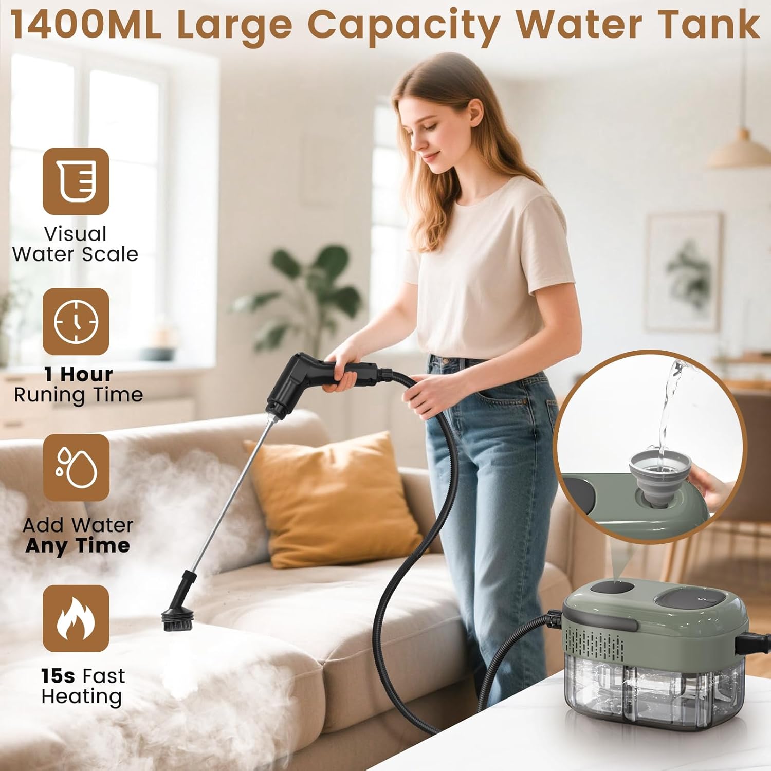 2500W Handheld Steam Cleaner, 3-Level Adjustable Steam Cleaner for Home with 21 Accessories