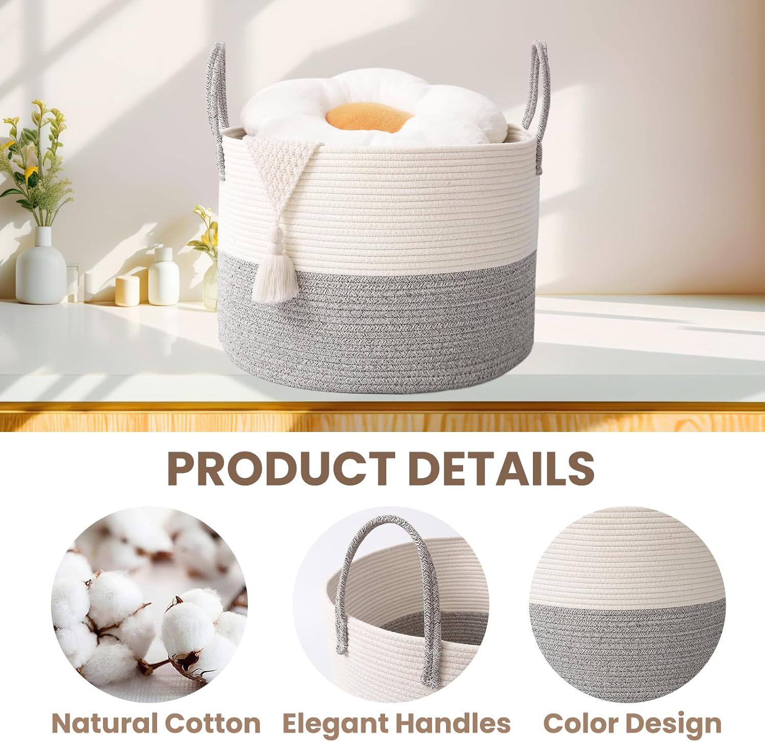 Woven Blanket Basket,65L Large Rope Storage Bin with Handles, Organizer for Blankets Toys Book and