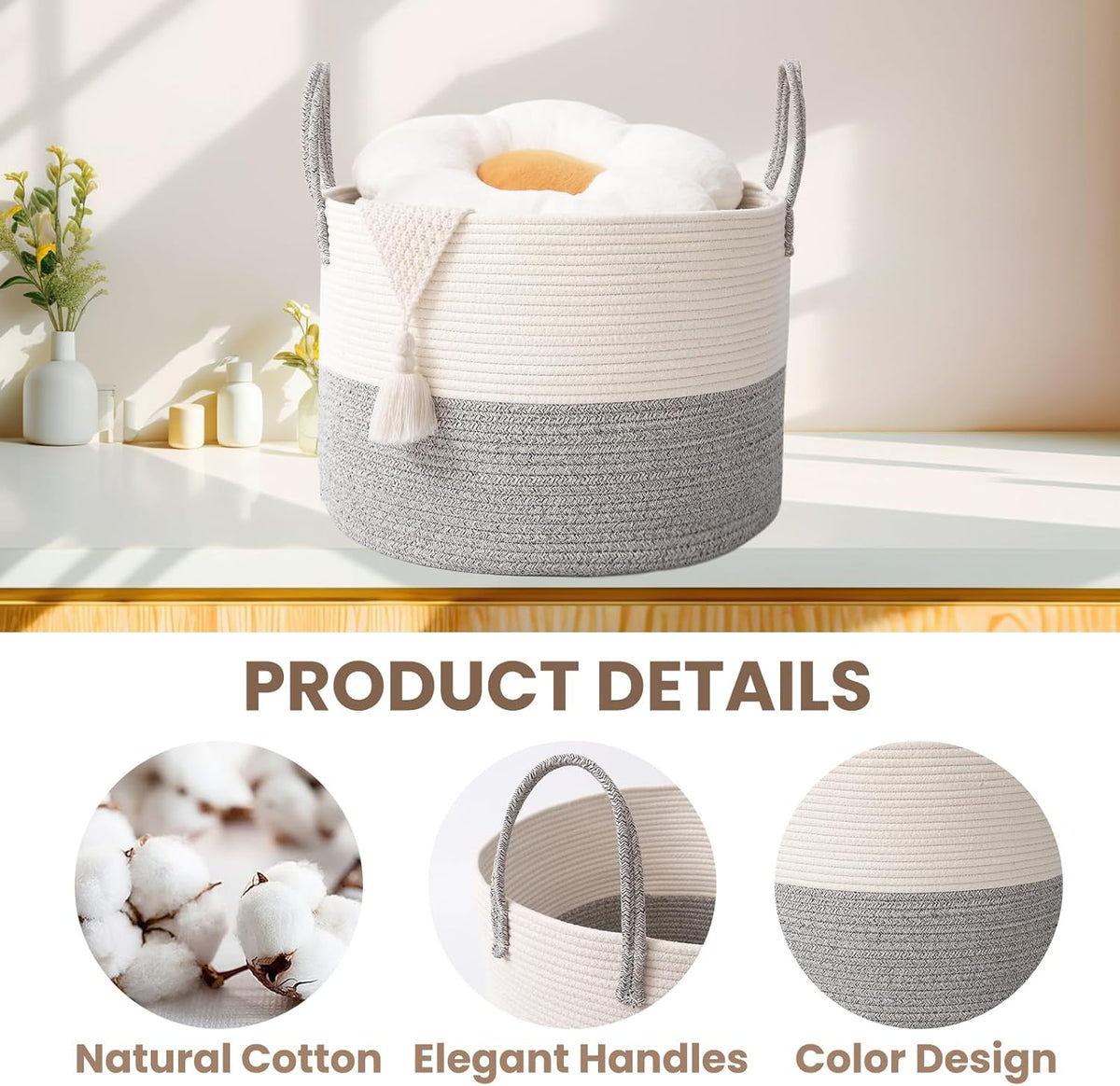 Woven Blanket Basket,115L Large Rope Storage Bin with Handles, Organizer for Blankets Toys Book and